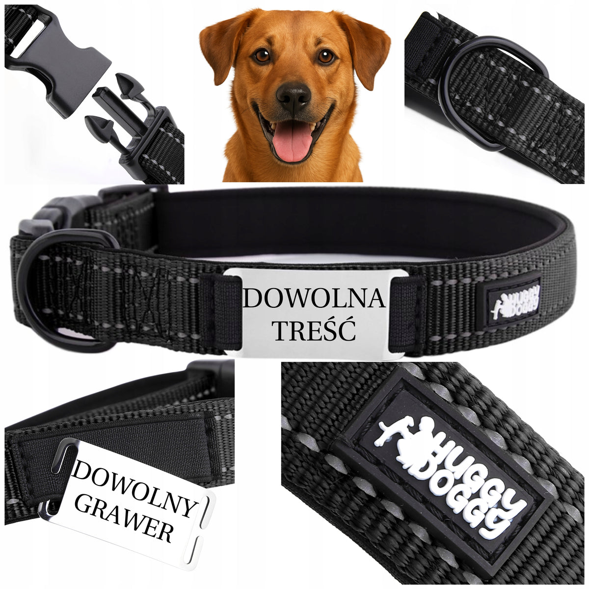 Reflective dog collar with engraving with name and phone number REGULATED S