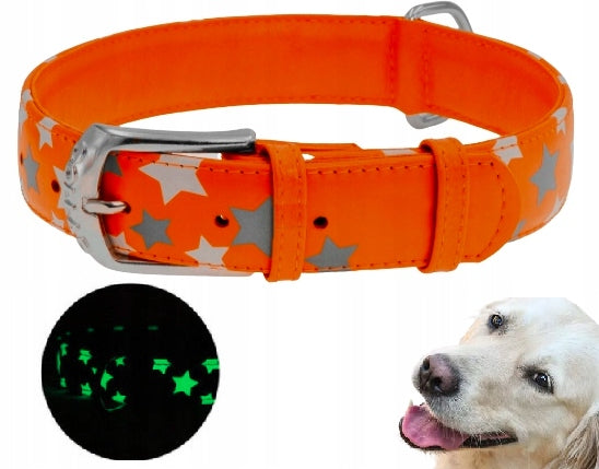 Reflective leather COLLAR WAUDOG COLLAR 27-36CM ORANGE STARS