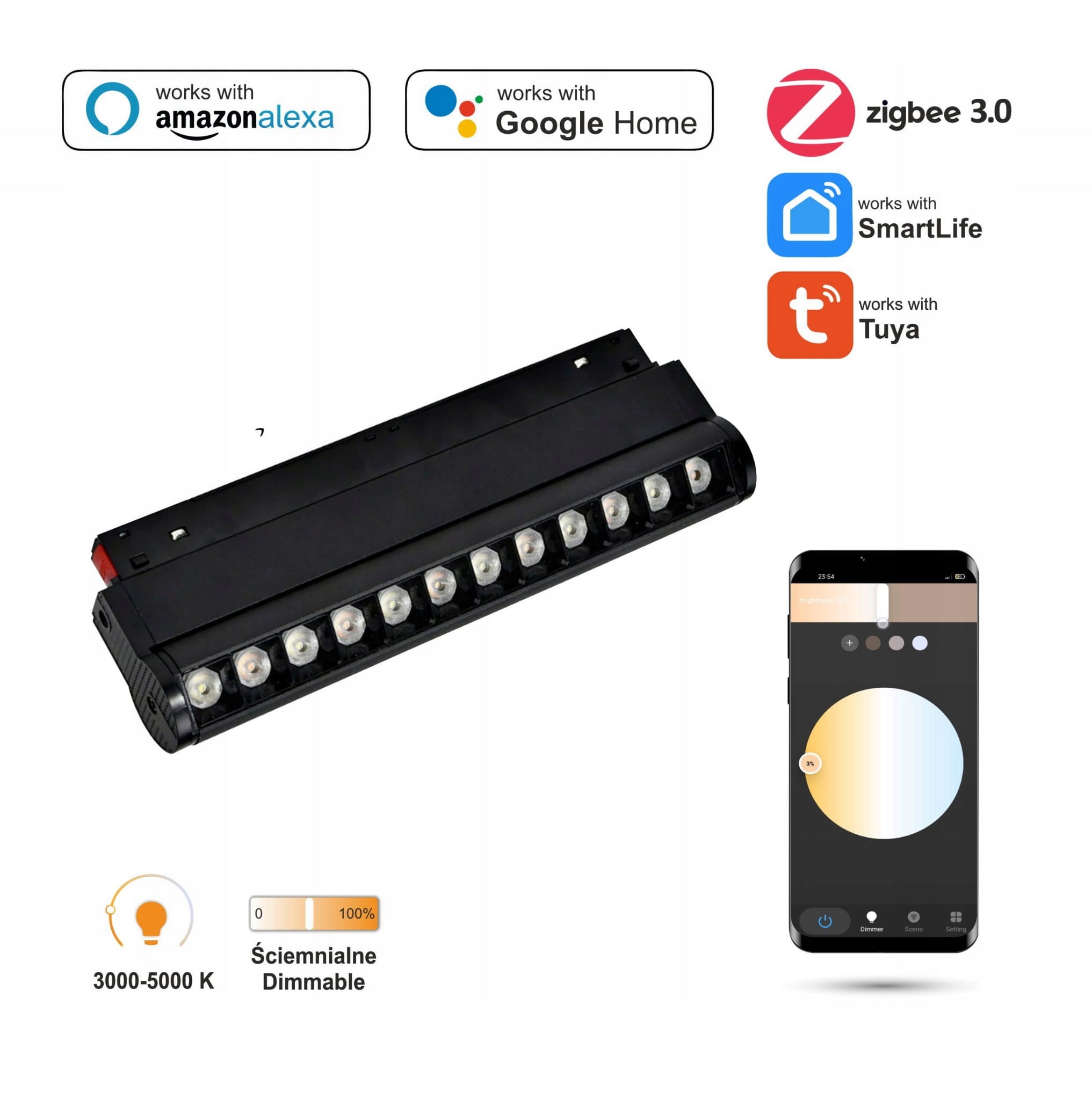 Tuya Zigbee Einstellbarer 12-W-Linearreflektor für SMART TRACK 48 VDC-Magnetbusse 