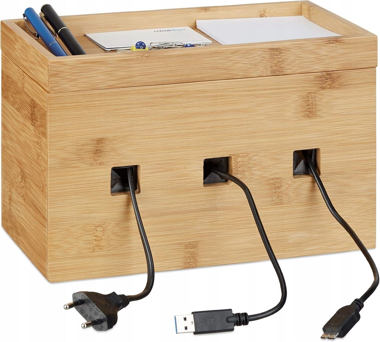 Relaxdays Bamboo Cable Box, Multifunction Charging Station