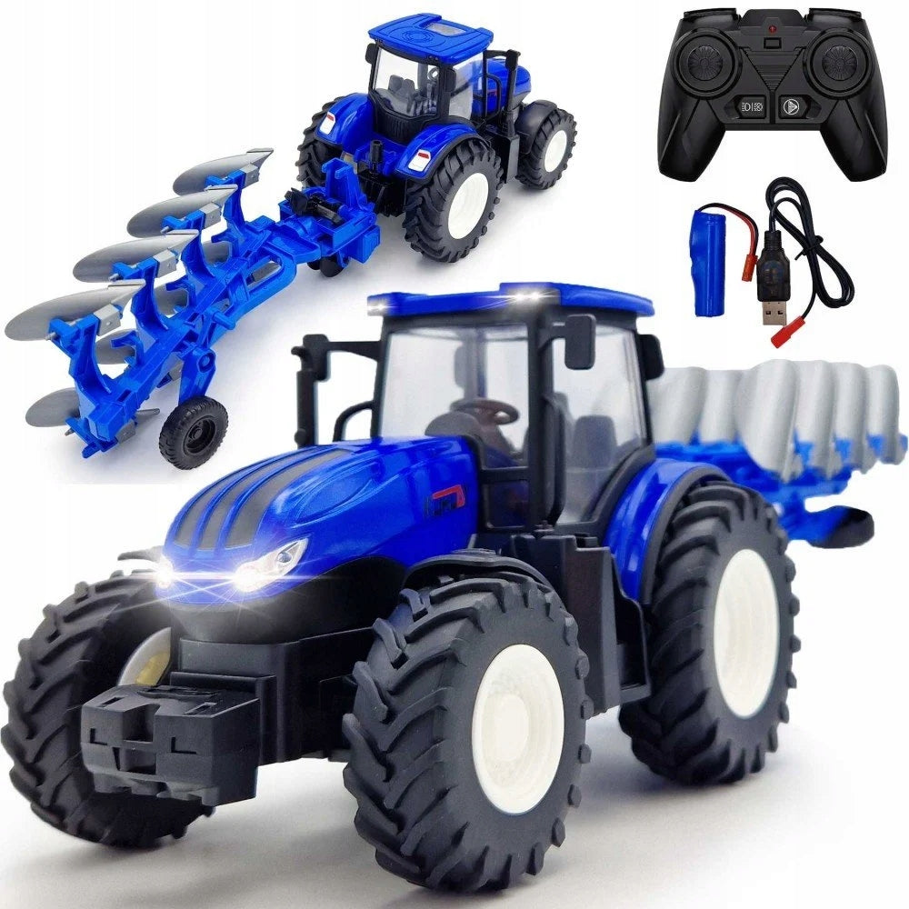 Remote Controlled Blue Tractor with Plough Toy for Small Farmers