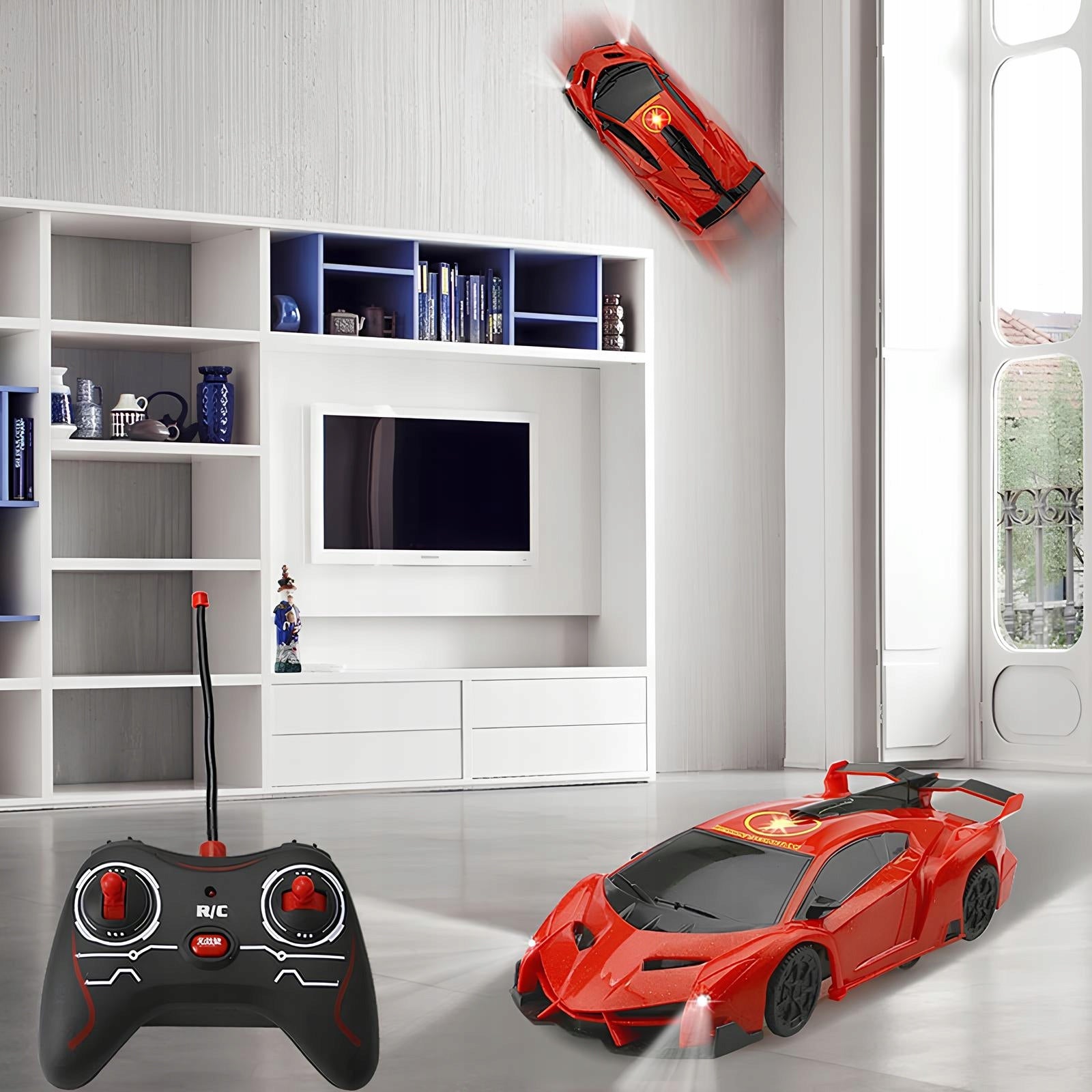 Remote-controlled car driving on the ceiling and walls with headlights