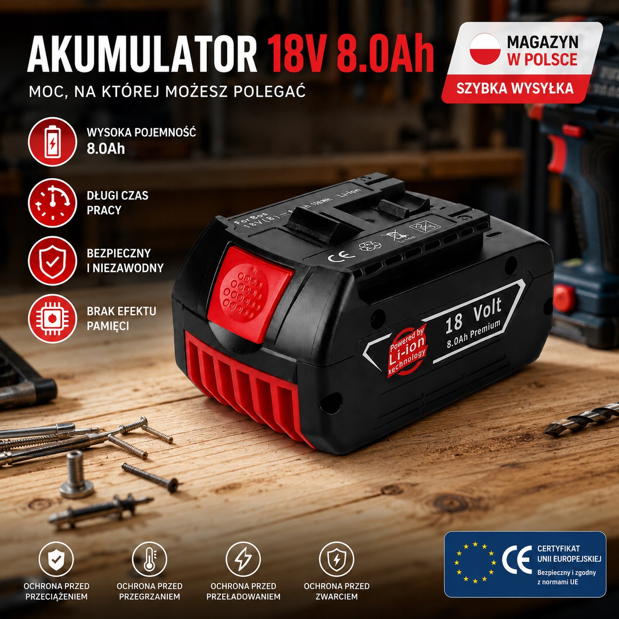 Replacement battery 18V 8Ah BAT609 BAT610 BAT618 for Bosch Li-ion tools Manufacturer code BS-18V-8.0Ah-1