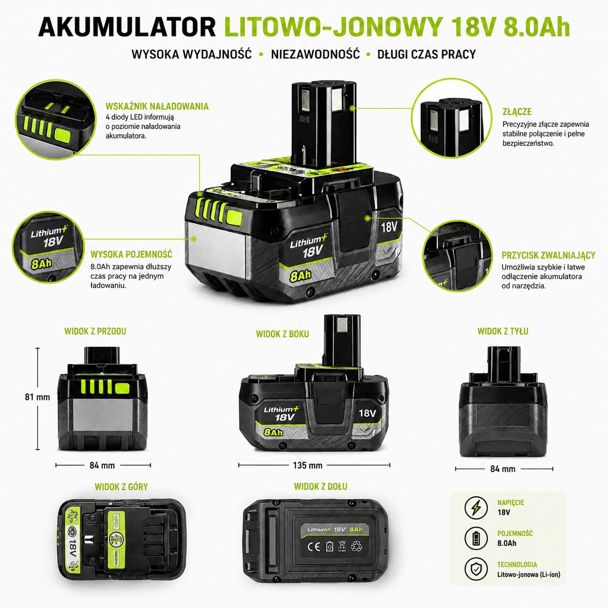Replacement battery 18V 8Ah Ryobi ONE+ P102 P108 P118 P190, large capacity Battery capacity 8 Ah
