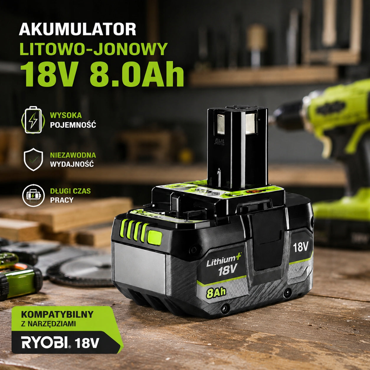 Replacement battery 18V 8Ah Ryobi ONE+ P102 P108 P118 P190, large capacity Packaging status original