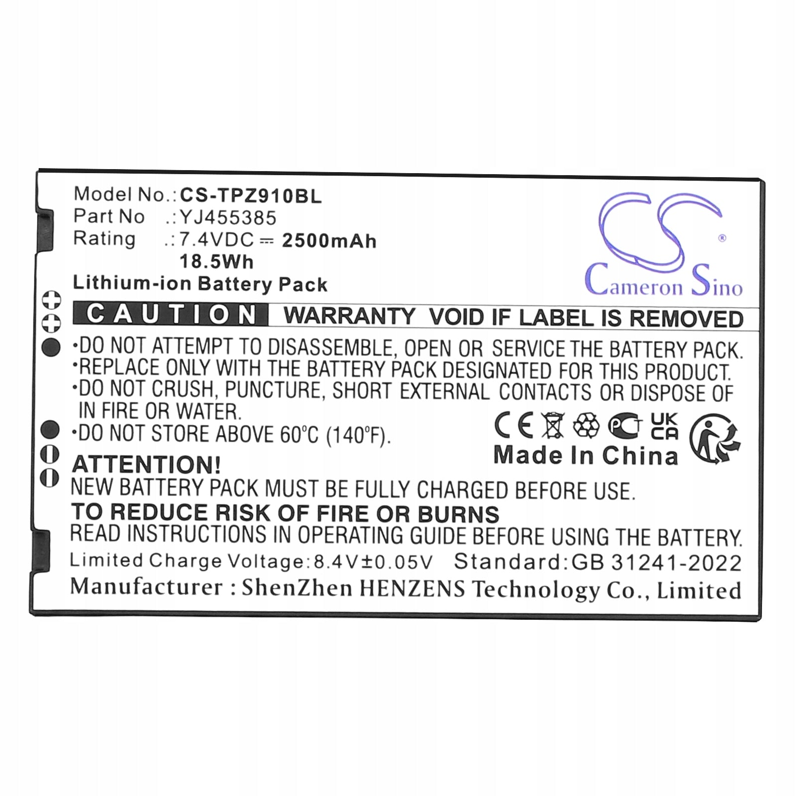 Replacement battery for Topwise Z91 / YJ455385 2500 mAh Li-ion 7.4 V (Cameron S Dominant color black