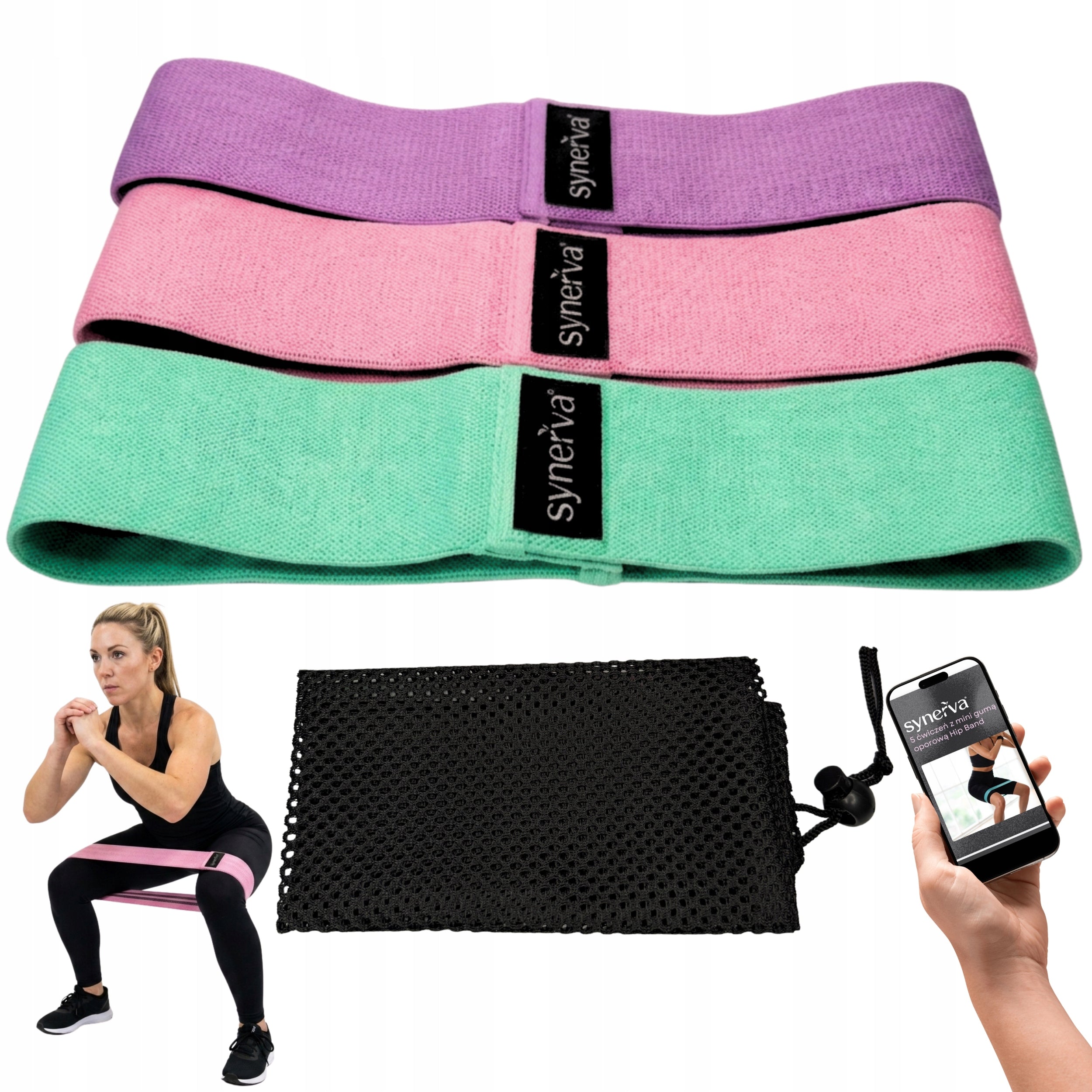 Resistance Rubber Material 3pcs Hip Band Fabric Mint Synerva + eBook