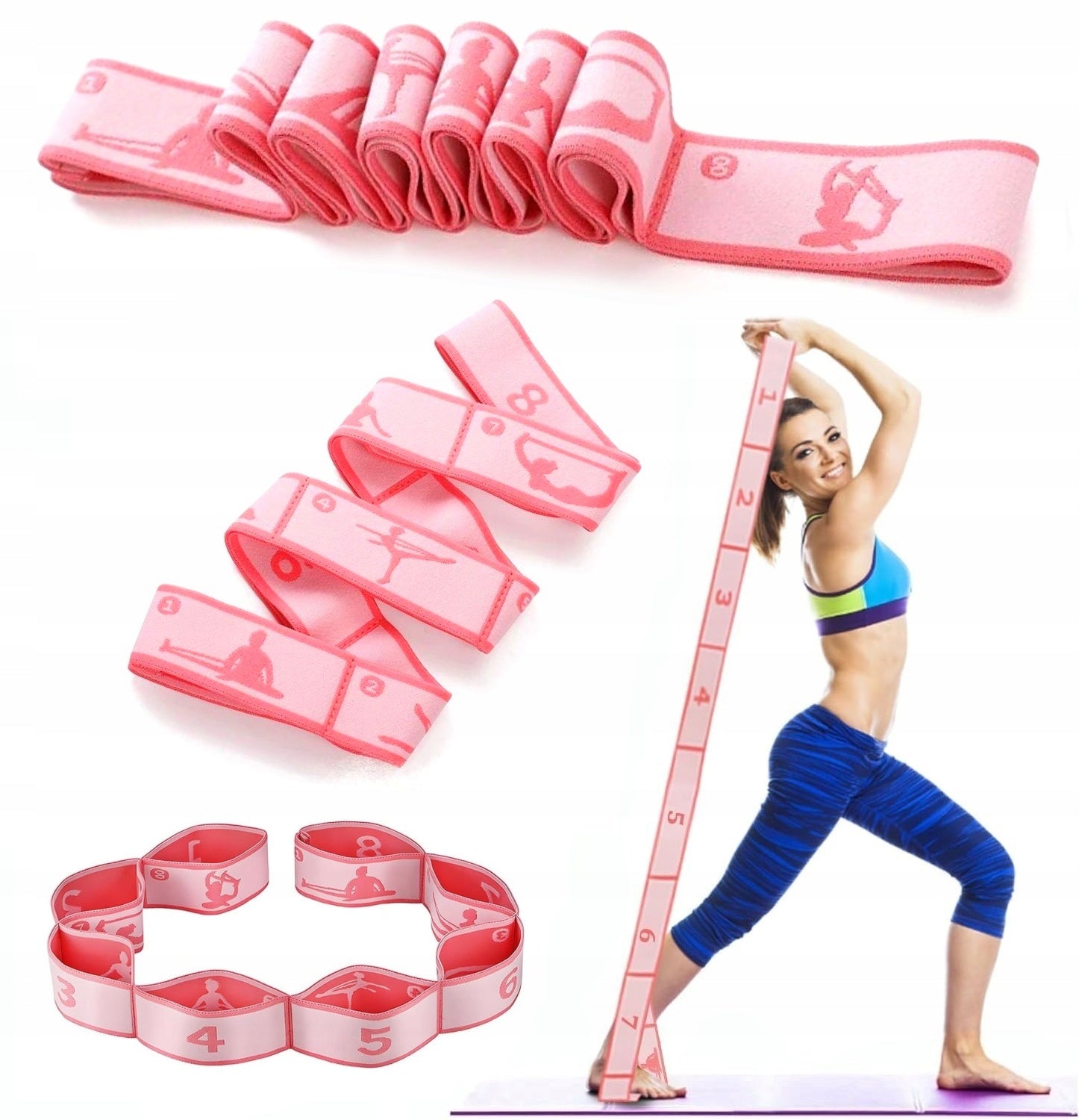 Resistance Rubber for Exercise Gymnastic Tape with Exercise Images 8 Sections