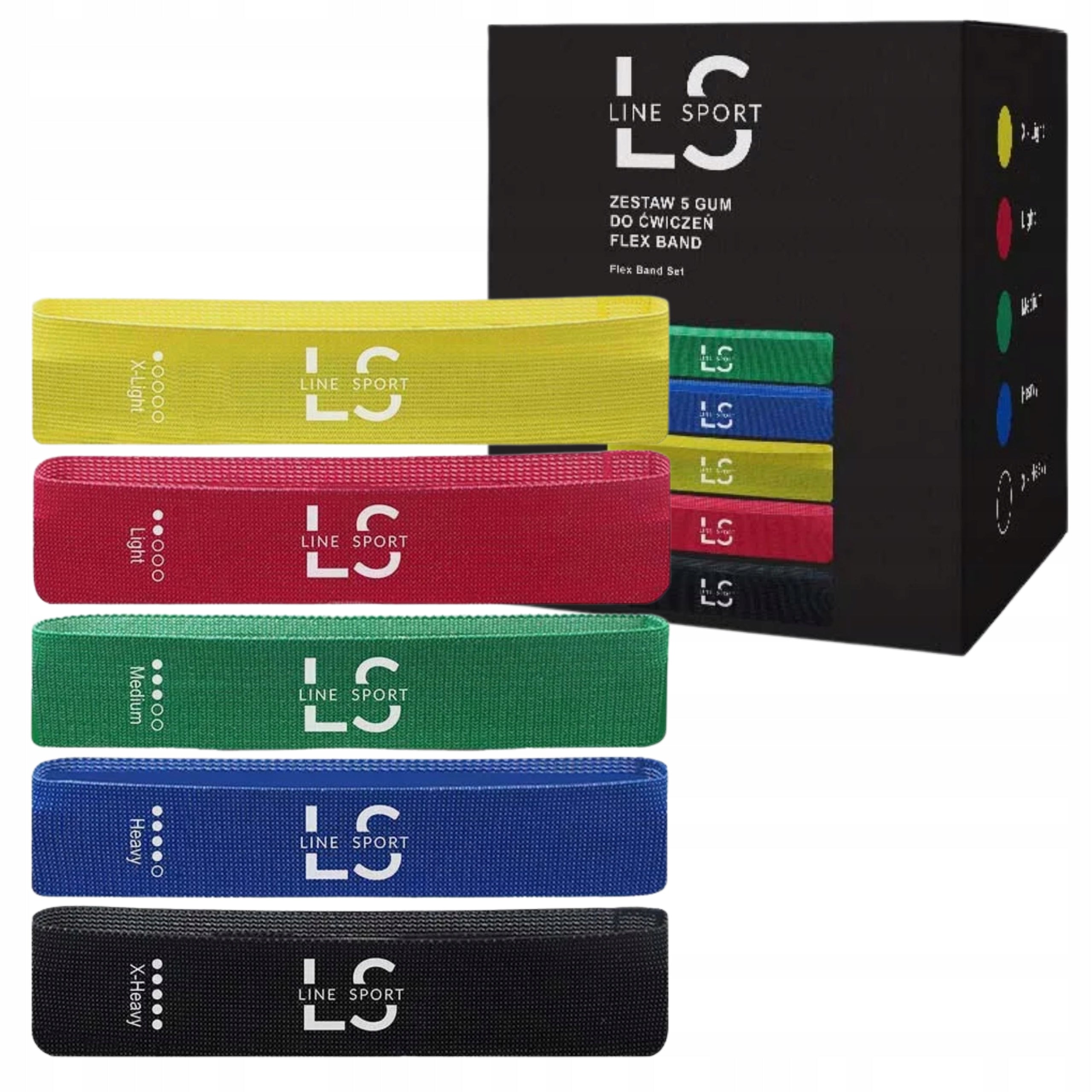 Resistance Rubbers for Exercise Set of 5 Flex Band Material Tapes Line Sport Manufacturer code ZESTAW 5 GUM DO ĆWICZEŃ OPOROWYCH FLEX BAND