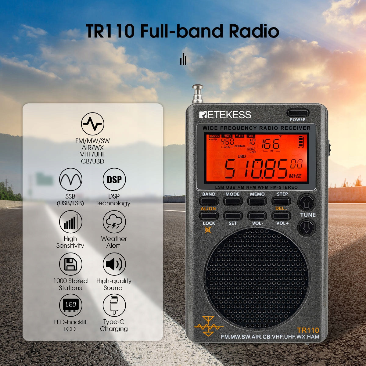 Retekess TR110 FM Portable Radio MW SW SSB Air Band World Receives Radio Packaging status original