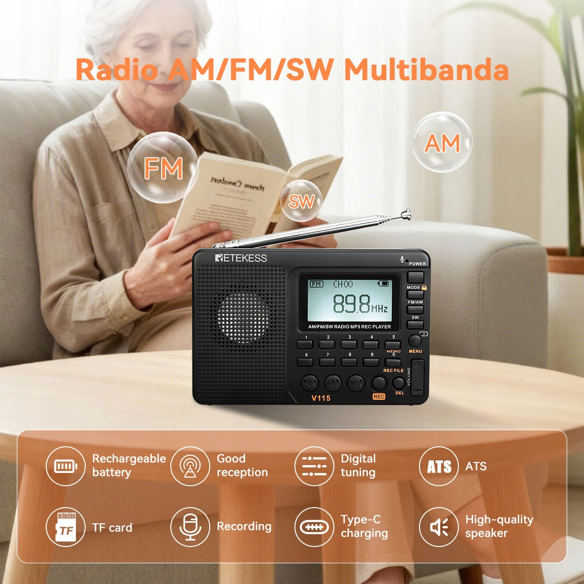 Retekess V115 Portable Radio,FM/AM/SW Small Kitchen Radio,Network-Battery Manufacturer code F9205A