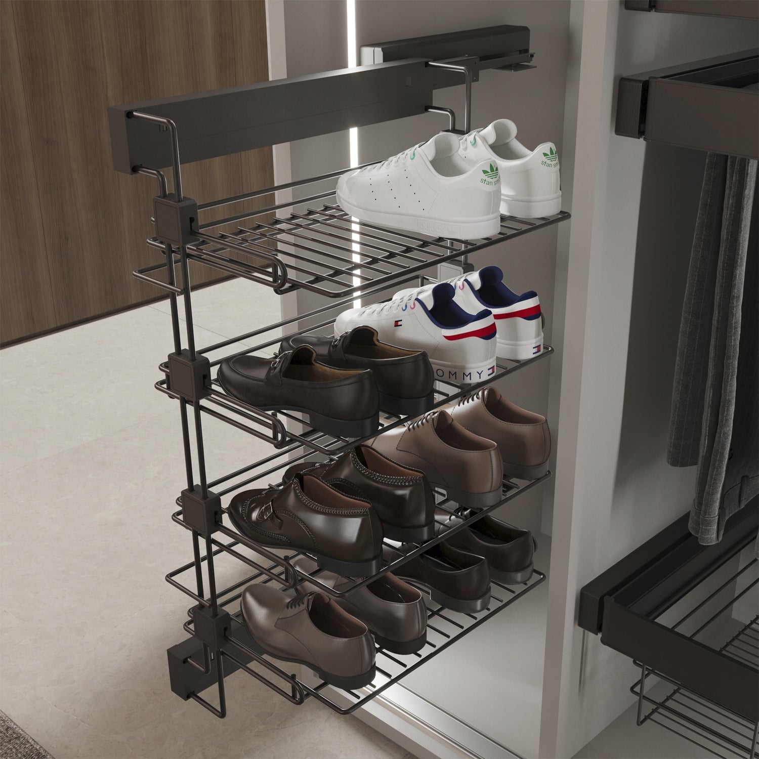 Retractable shelf Cargo basket for shoes SIDE LEFT titanium QUARTZ Emuca Number of pieces 1 pcs