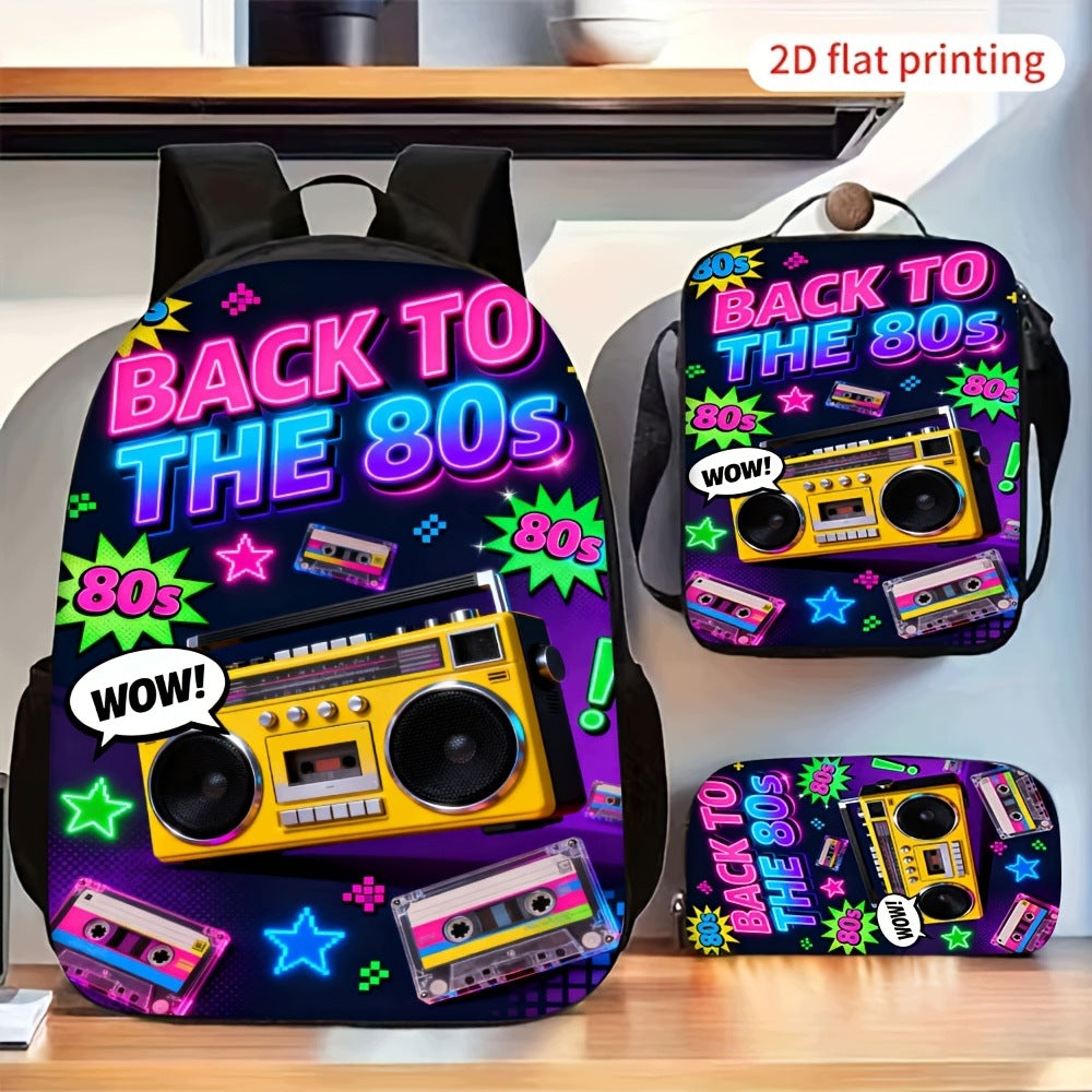 Retro 80s Boombox Cassette Print 3pc Backpack Set with Pencil Case and Shoulder Bag
