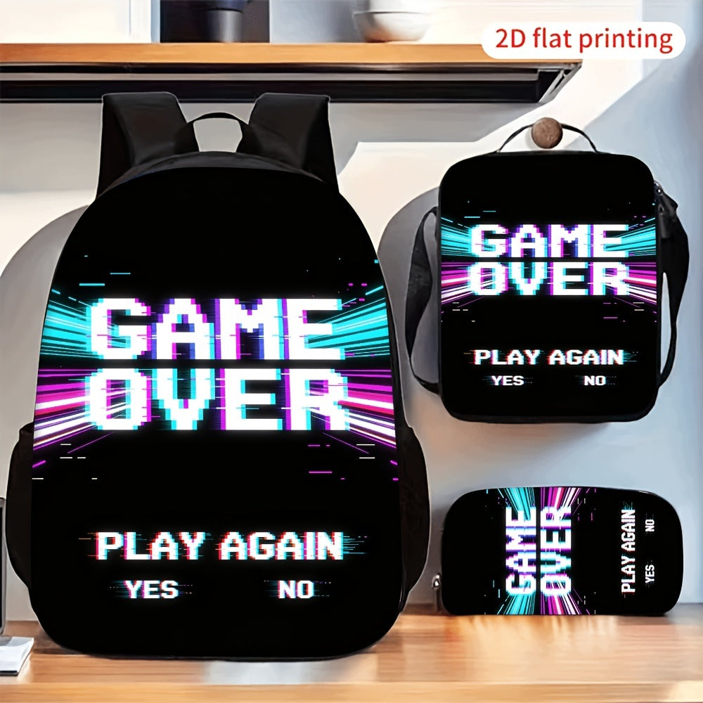 Retro Game Over Glitch 3-Piece Backpack Set with Lunch Bag