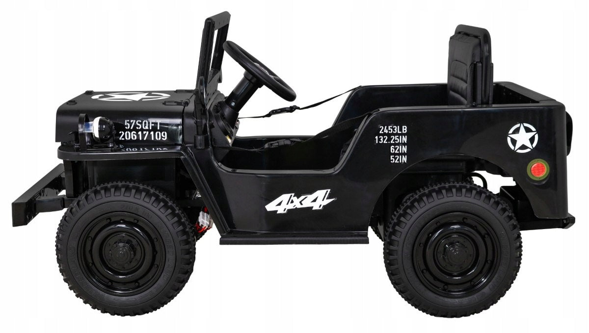 Retro Military Car for Kids Black + 4x4 Drive + Remote Control + 2 Trunks + Color black