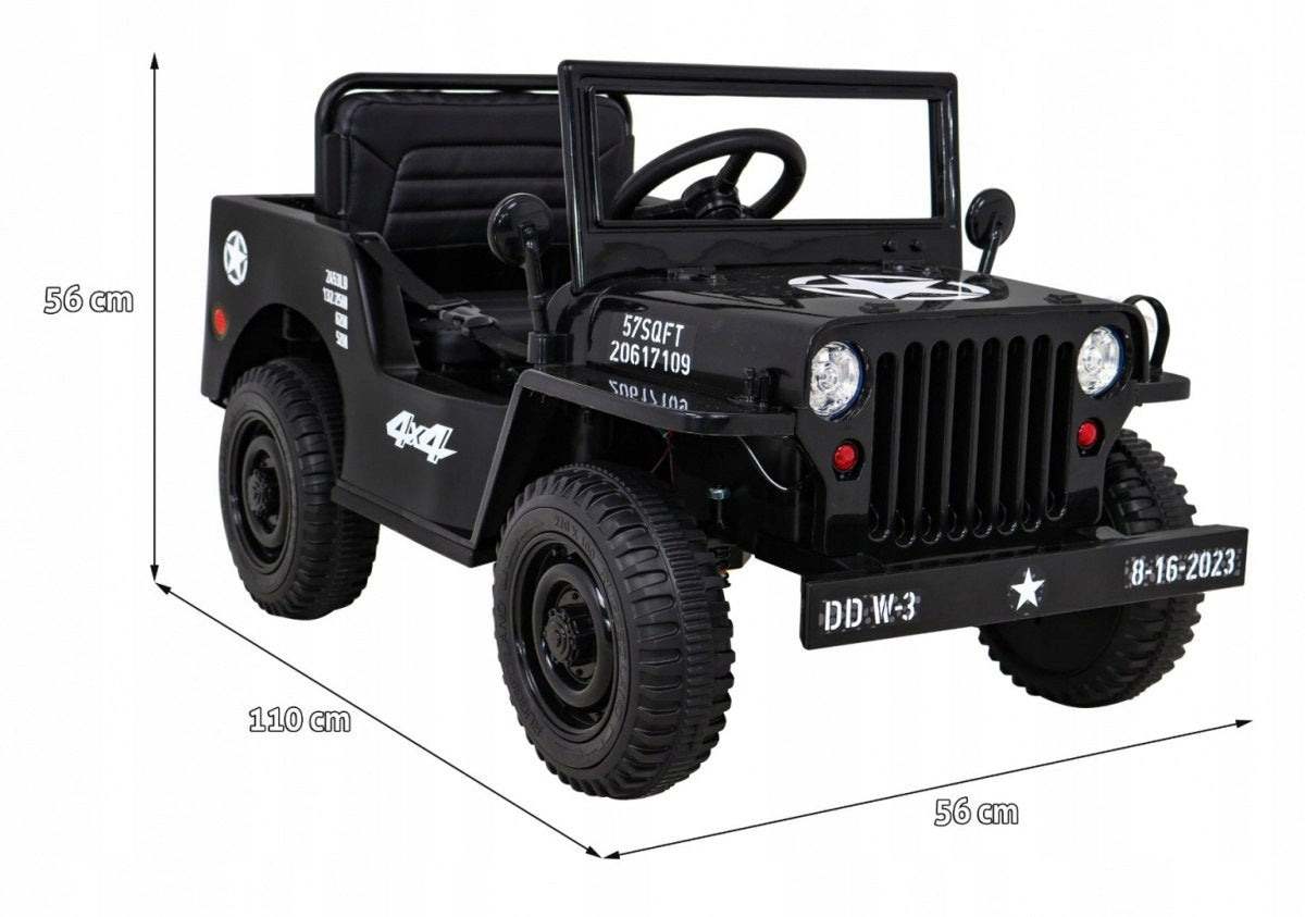 Retro Military Car for Kids Black + 4x4 Drive + Remote Control + 2 Trunks + Packaging status original