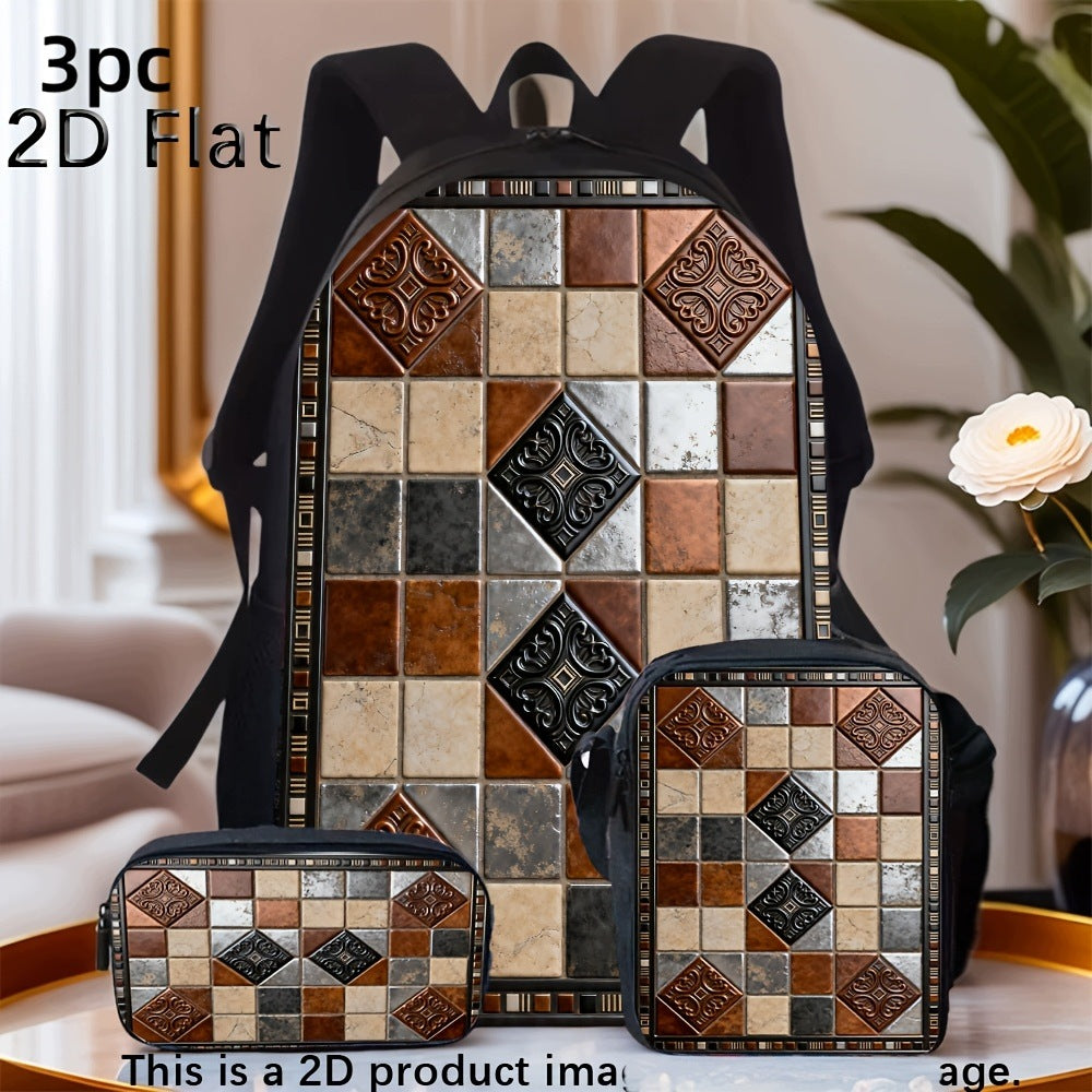 Retro Mosaic Brown Plaid Backpack and Bag Set with Portable Pouch
