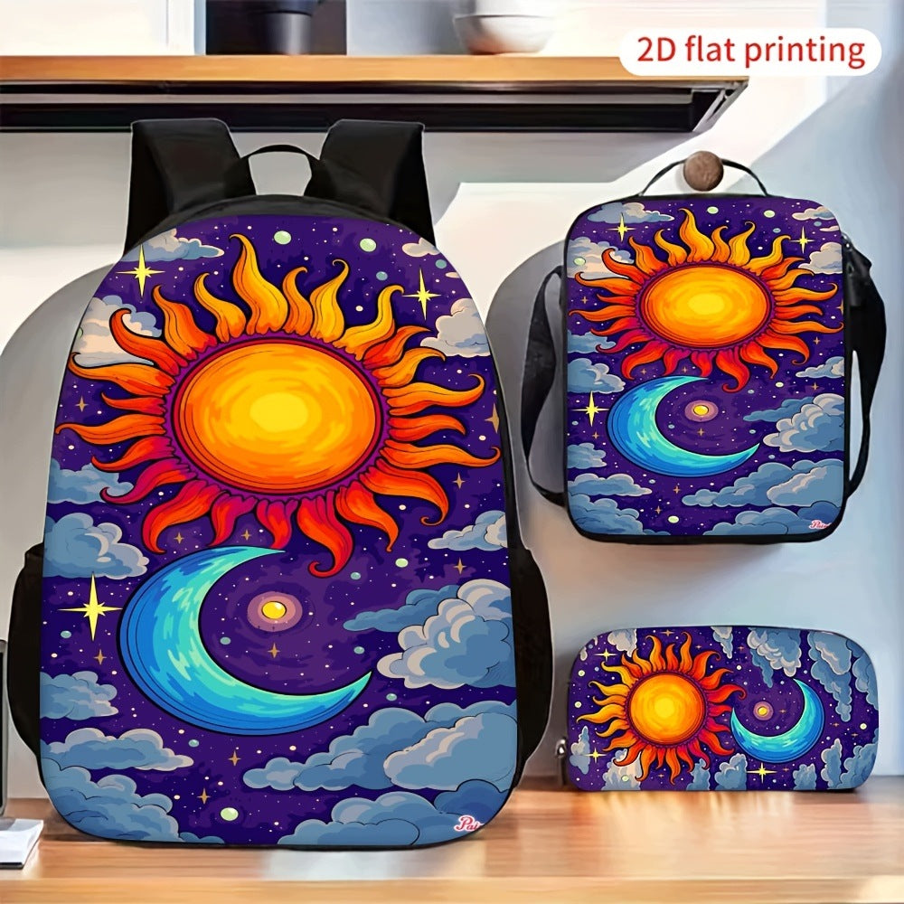 Retro Psychedelic Vintage Sun Moon Star Cloud 3-Piece Backpack Set with Shoulder Bag