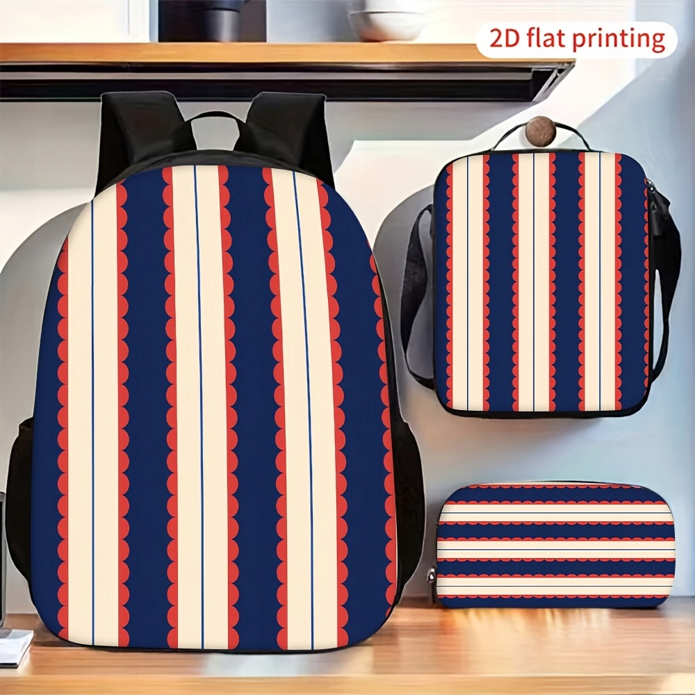 Retro Red Blue Beige Striped Print Backpack Set with Crossbody Bag and Pencil Pouch