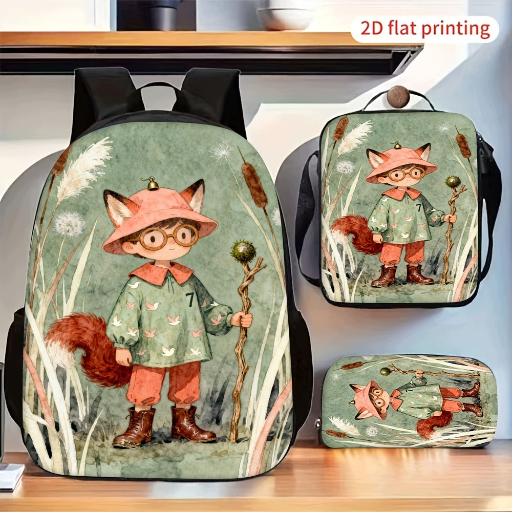 Retro Watercolor Cute Fox Boy Backpack Set Shoulder Bag Pencil Case