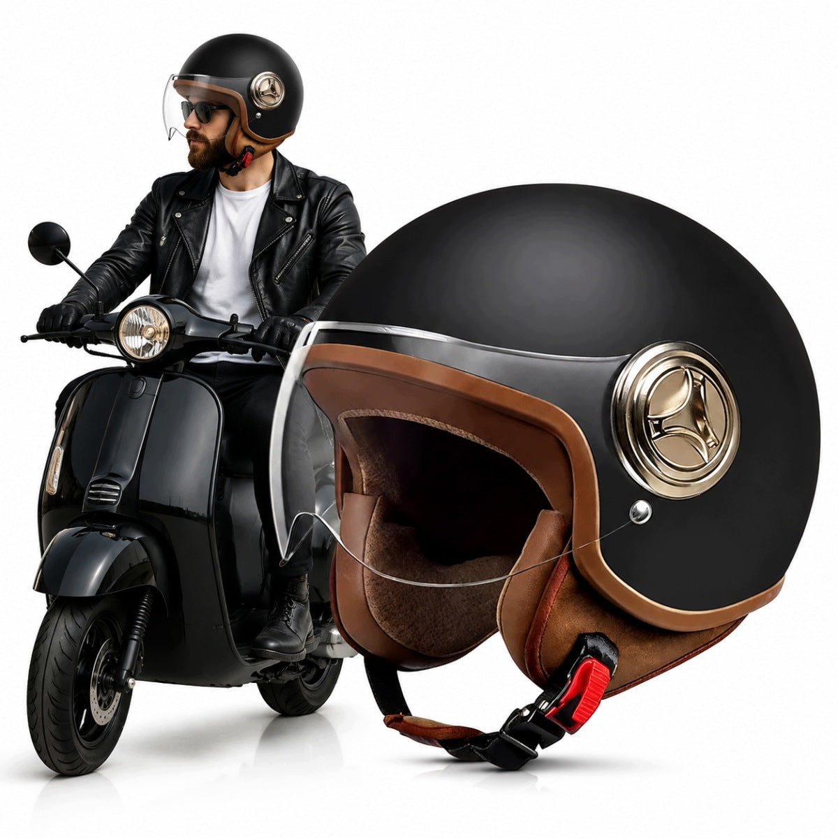 Retro motorcycle helmet with goggles, head circumference 54-61 cm.