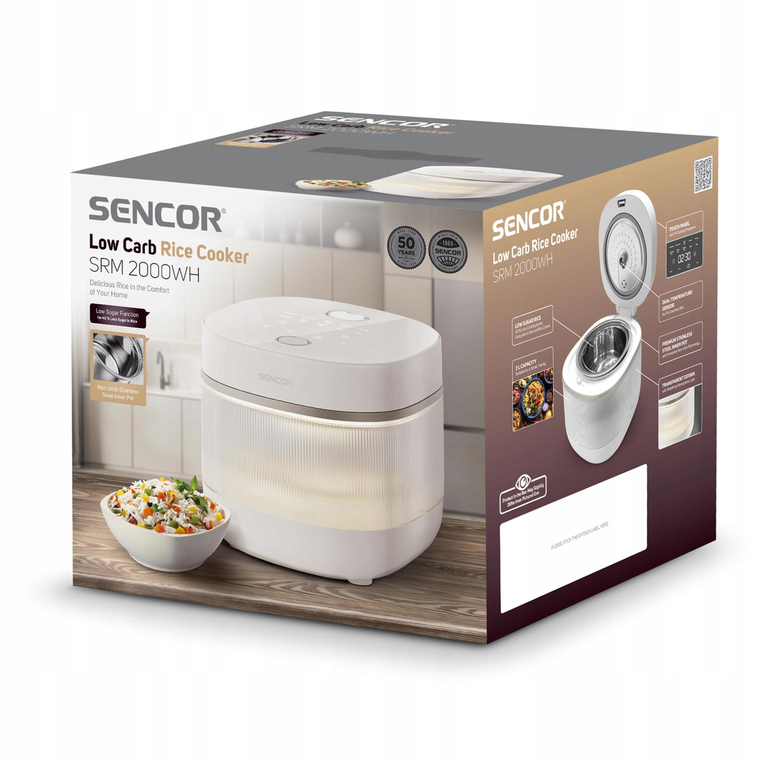 Rice Cooker LOW CARB 10 FUNCTIONS 2L Touch Screen 500W Sencor SRM 2000WH White Packaging status original