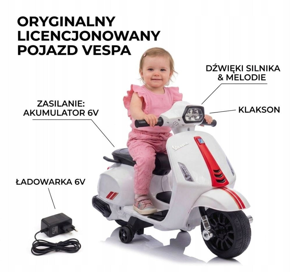 Ride-on scooter Vespa white for battery - original license, 6V, 18m+