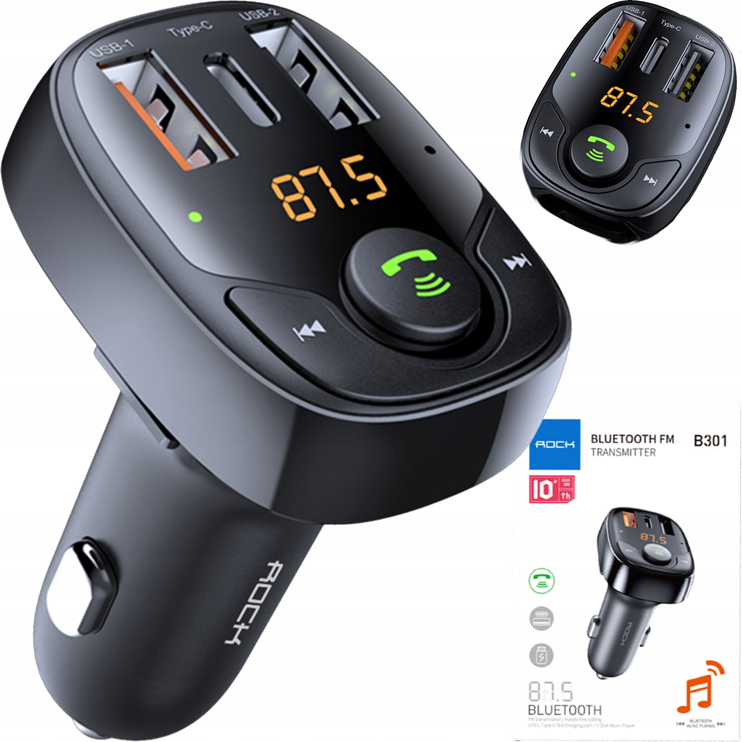 Rock Bluetooth FM Car Transmitter MP3 2xUSB + Type C + micro SD - 36W