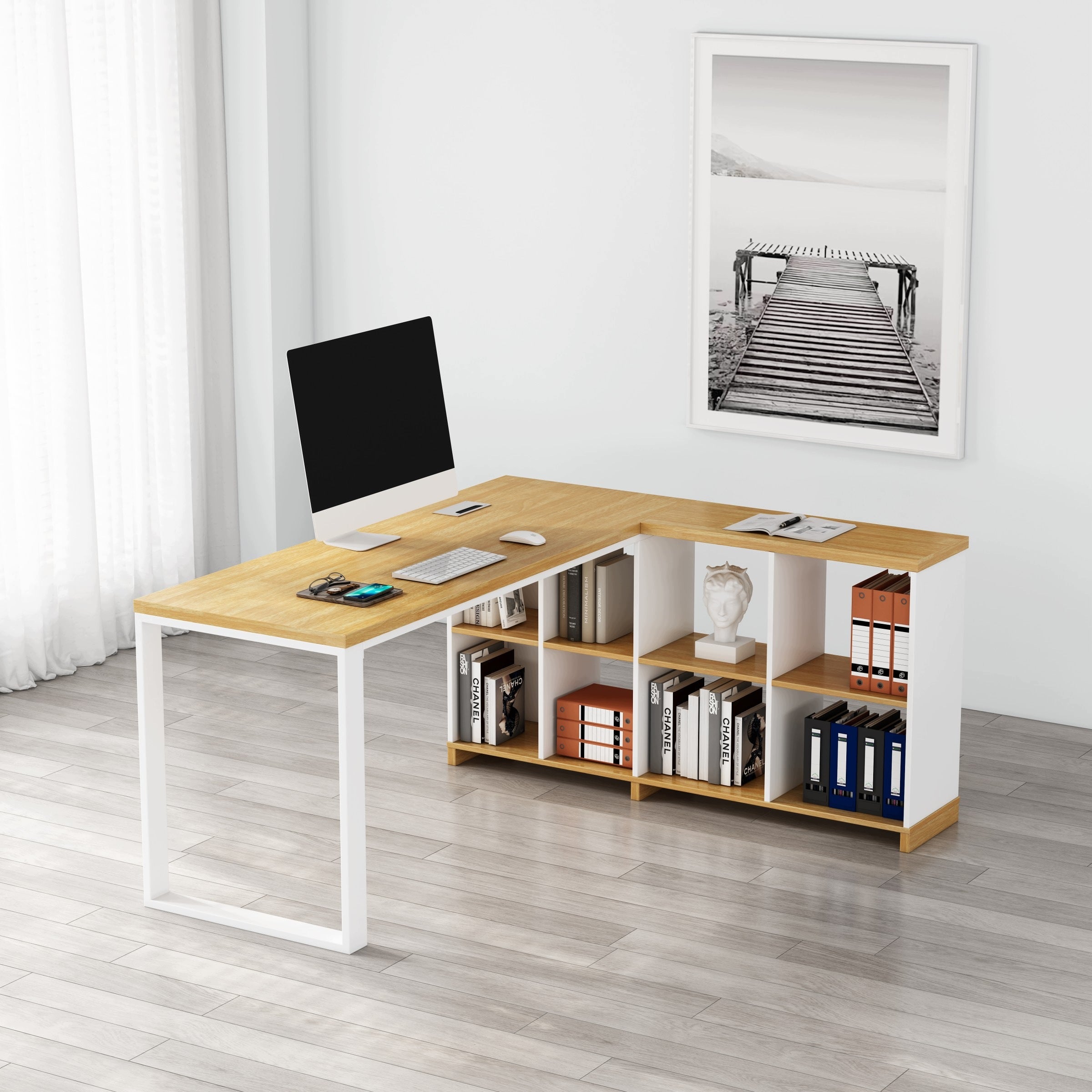 Rohový kancelářský stůl s regálem Houseland Nuvia Home 02 160 cm dub/bílý Furniture color white natural oak