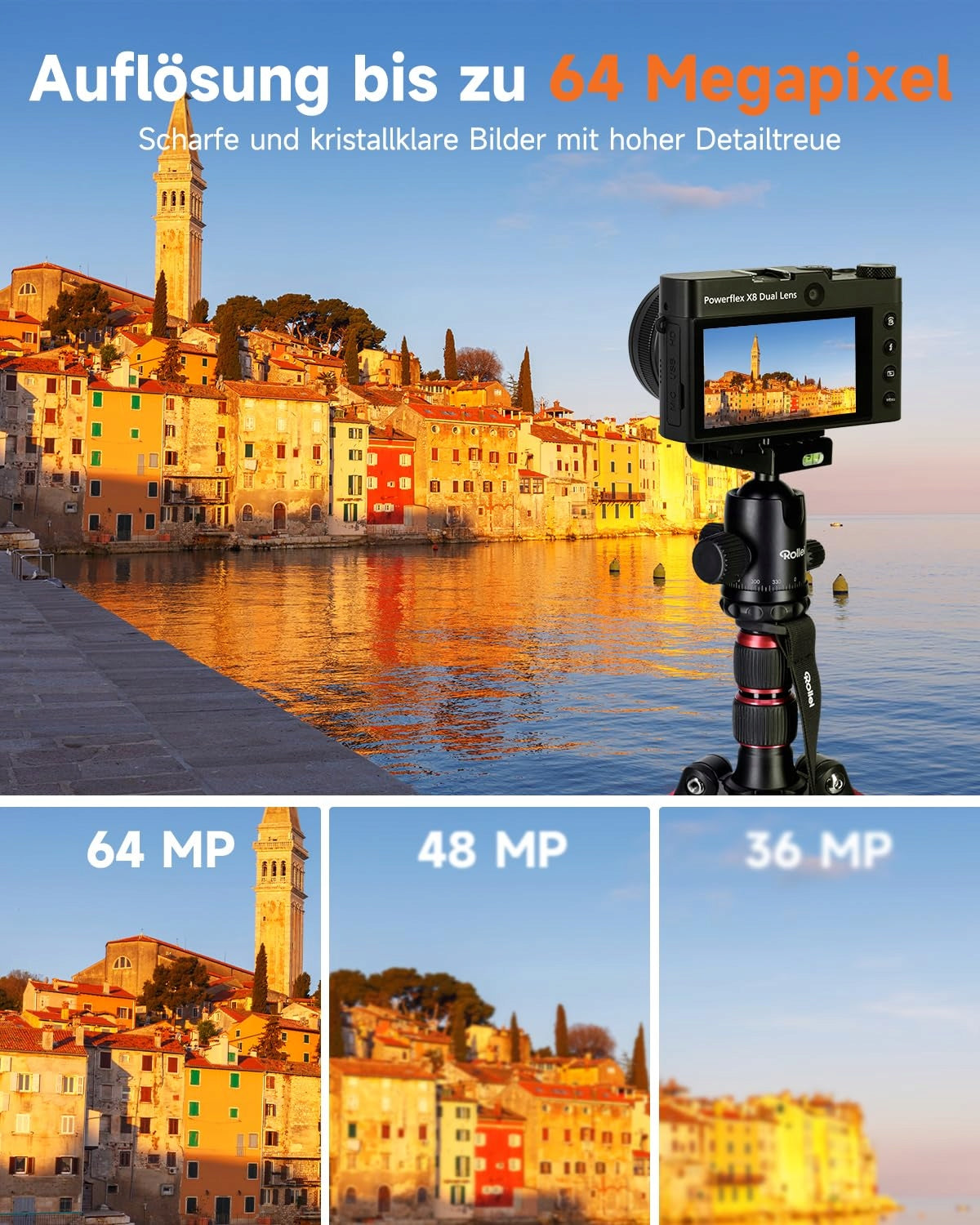 Rollei Powerflex X8 Dual Lens Digital Camera, 64 Mp 5K Dual Resolution 1 Mpx