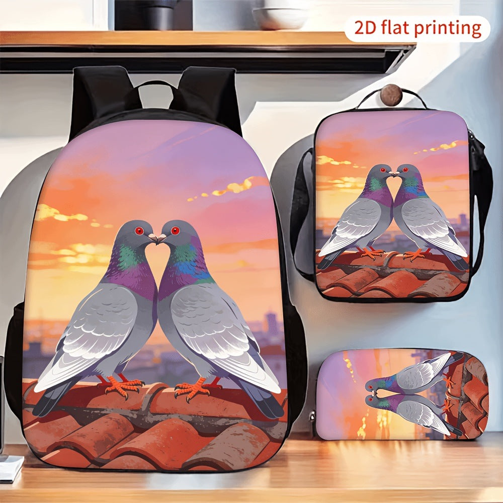 Romantic Two Pigeons Kissing Sunset Rooftop 3-Piece Backpack Set with Lunch Bag