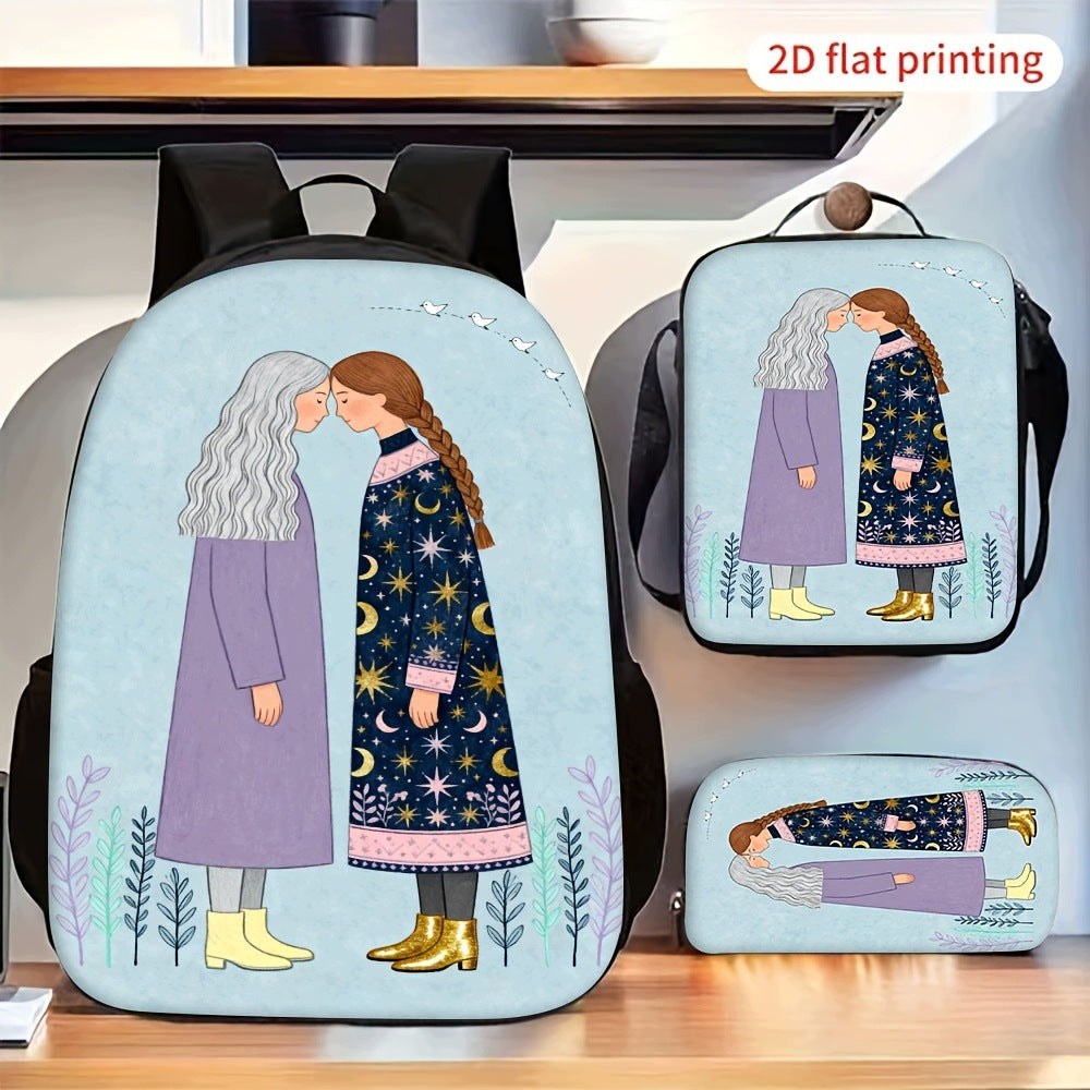 Romantic Two Women Pattern Backpack Set with Crossbody Bag and Pencil Pouch
