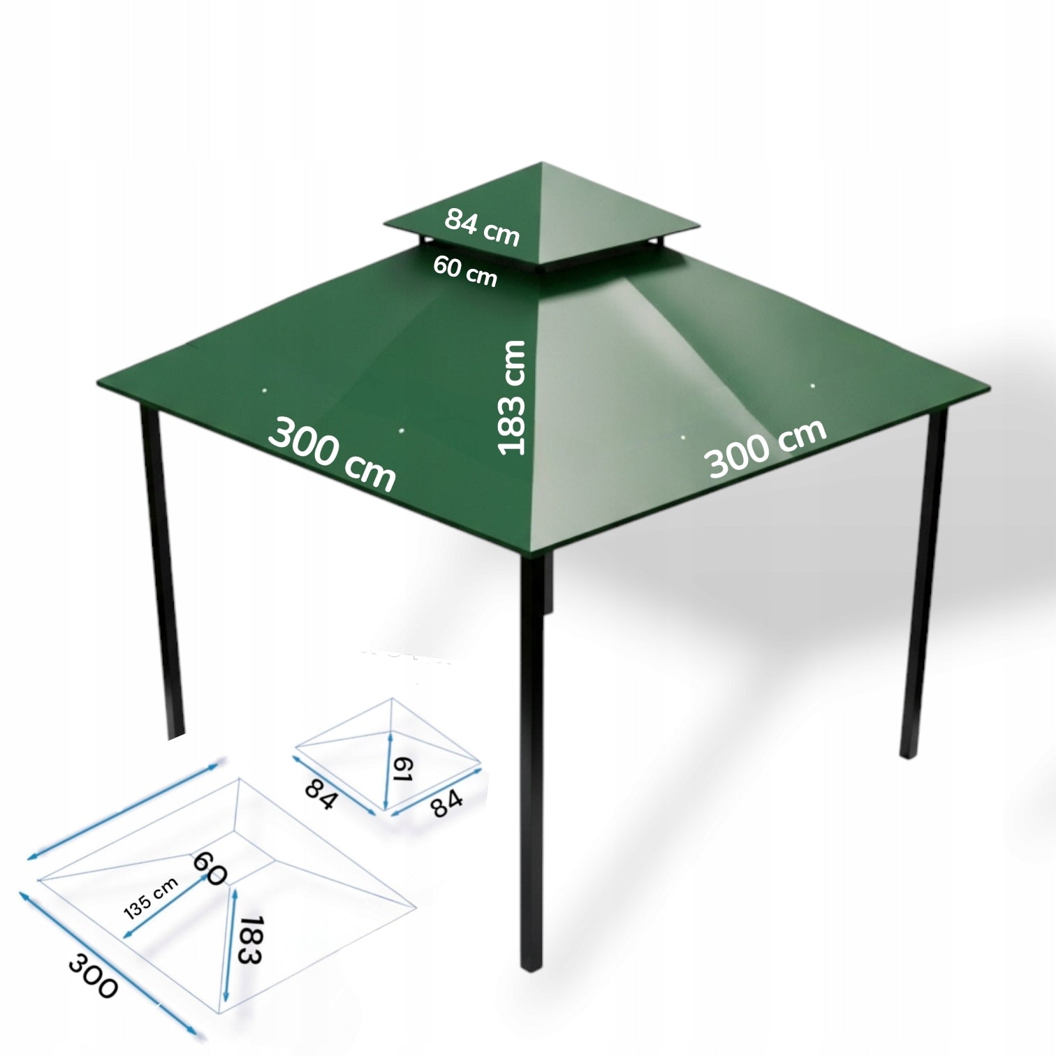 Roof for garden pavilion roof 300 cm x 300 cm 370 gr/m2 green Length 3 m