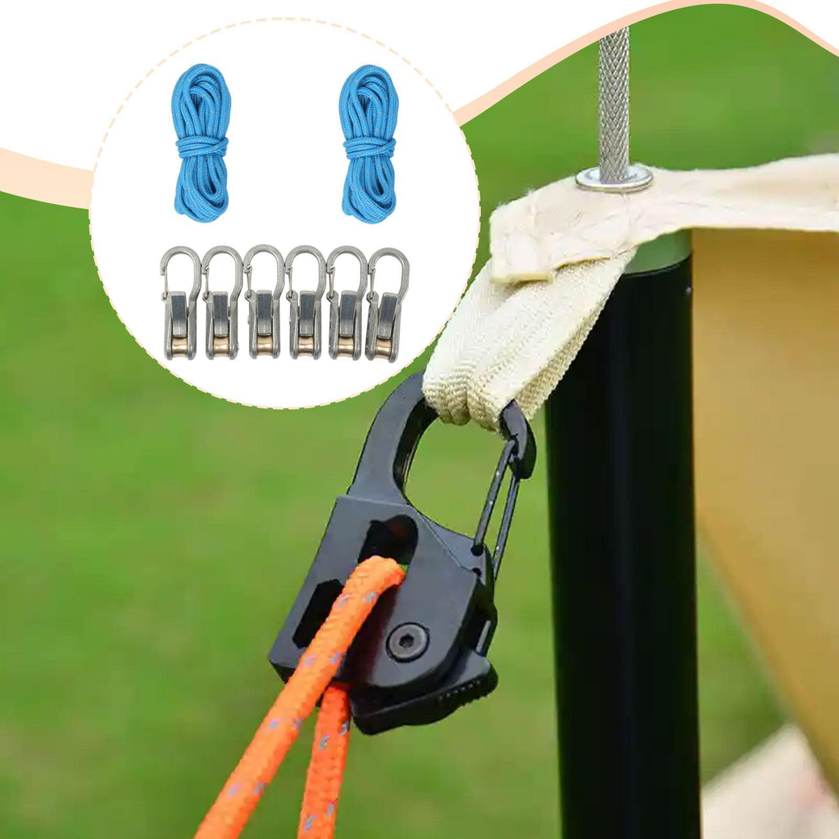 Rope with Roller Tensioner Multipurpose, Portable 2 Ropes 6 Hooks