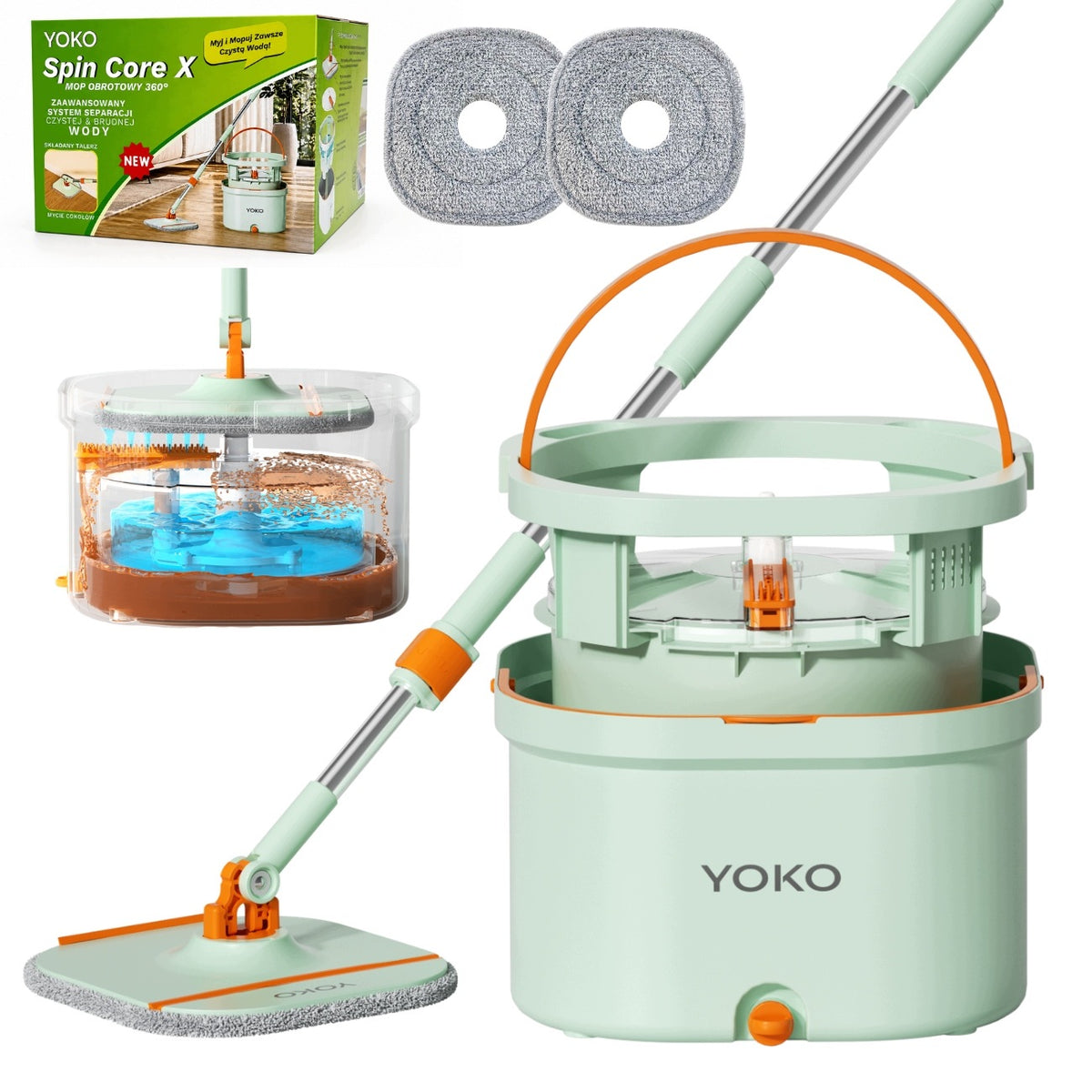 Rotary Mop YOKO Spin Core X Double Chamber Bucket Water Separation + 2 Cartridges