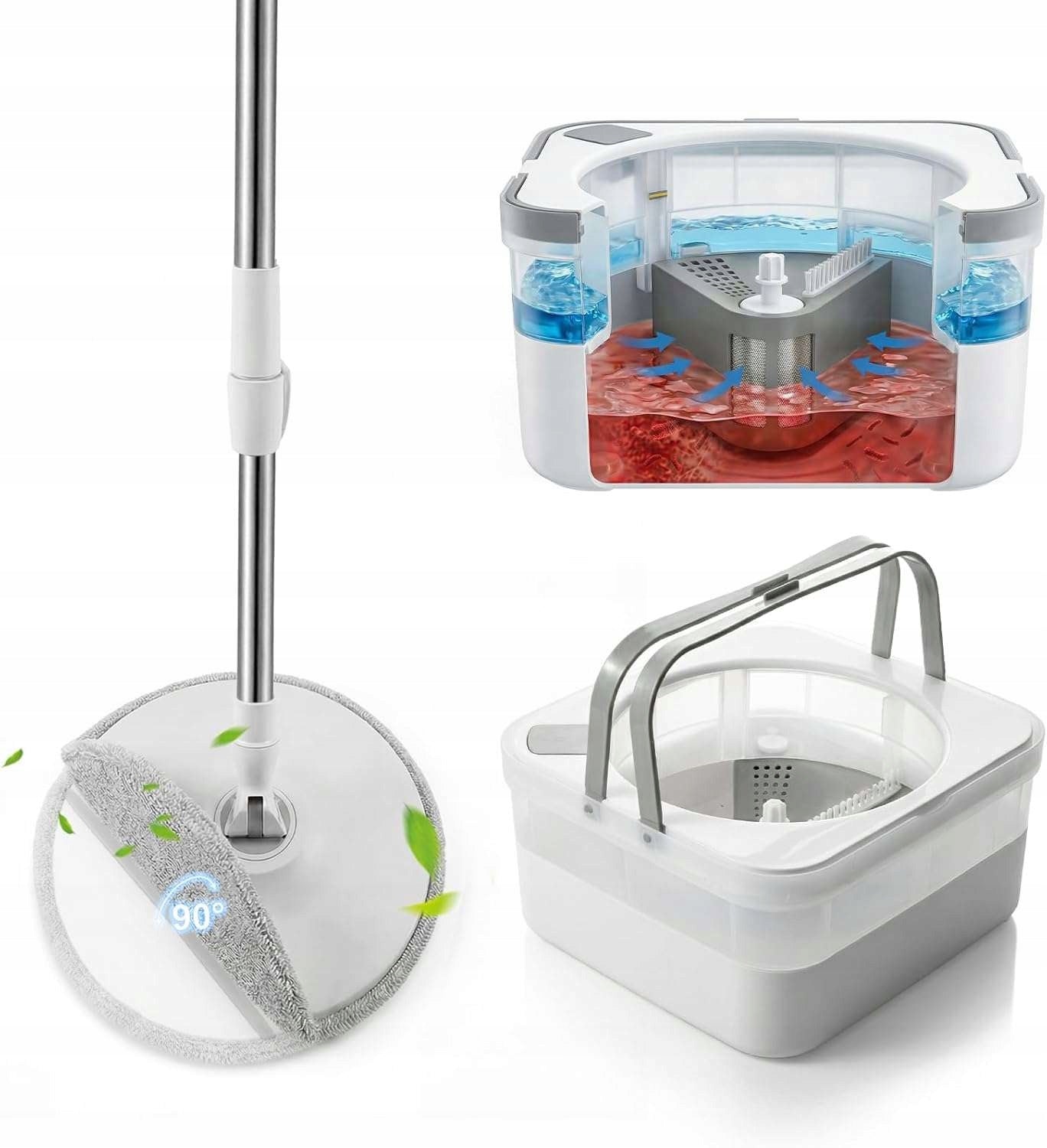 Rotary floor mop with bucket extrusion function 2-chamber system
