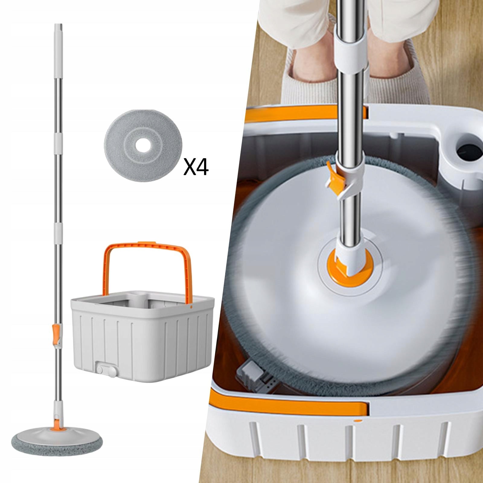 Rotatable Round Flat Floor Mop Bucket Set Spin Mop Adjustable with 4 Pads