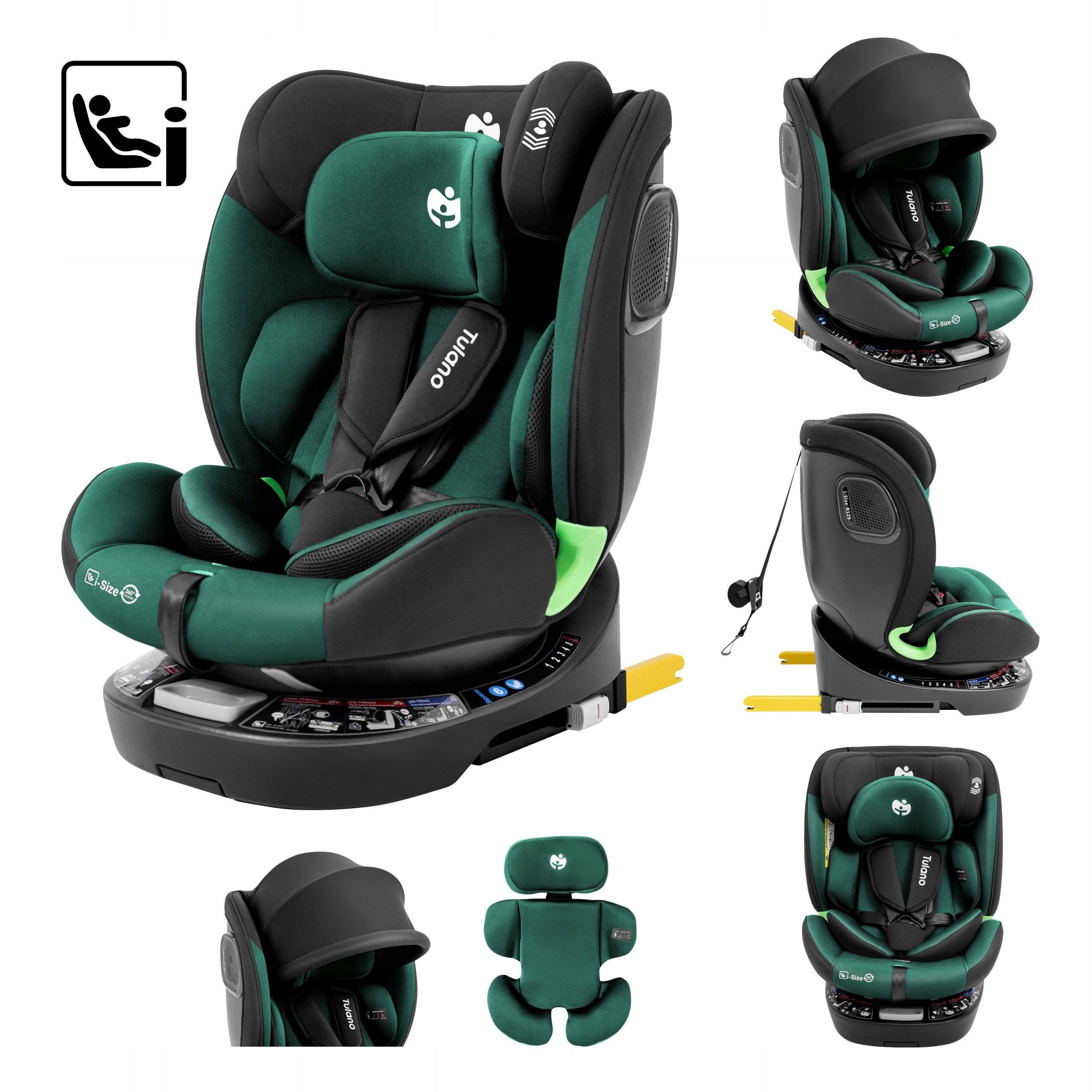 Rotating car seat 360° TULANO i-Size Isofix green 0-36kg 0-12+