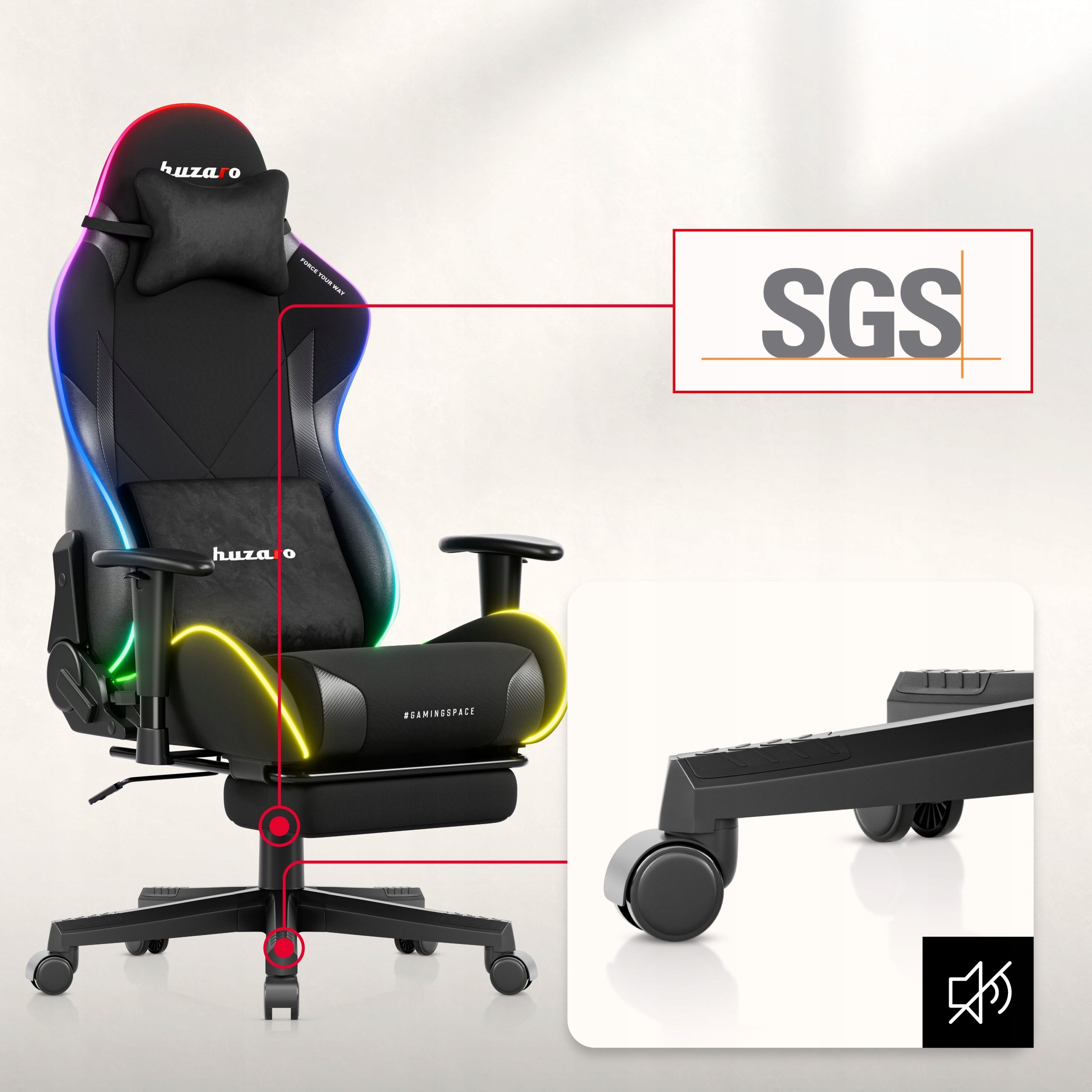 Rotating gaming chair for desk HUZARO black bucket RGB LED footrest Furniture width 70 cm