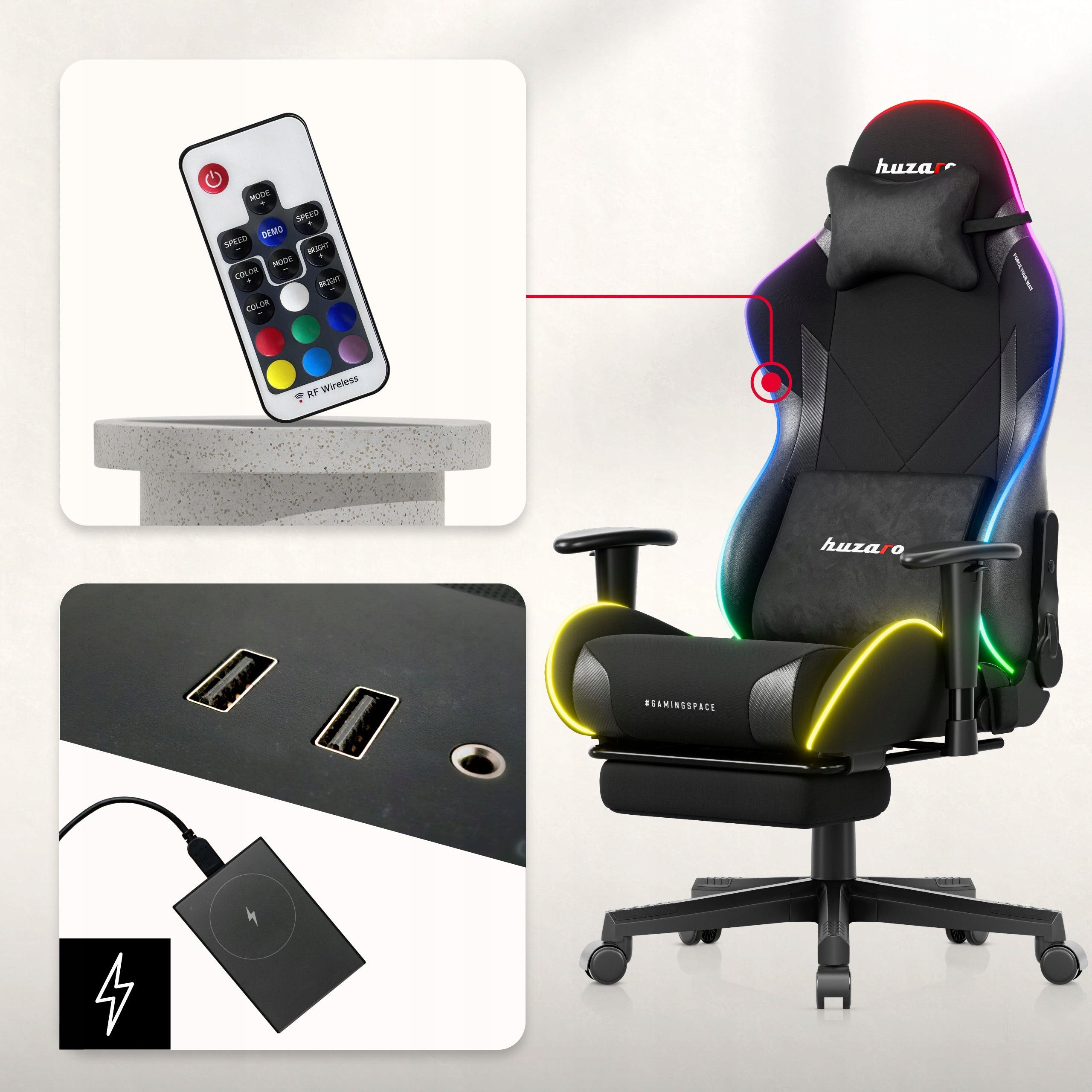 Rotating gaming chair for desk HUZARO black bucket RGB LED footrest Manufacturer code HU-FORCE 5.7 RGB