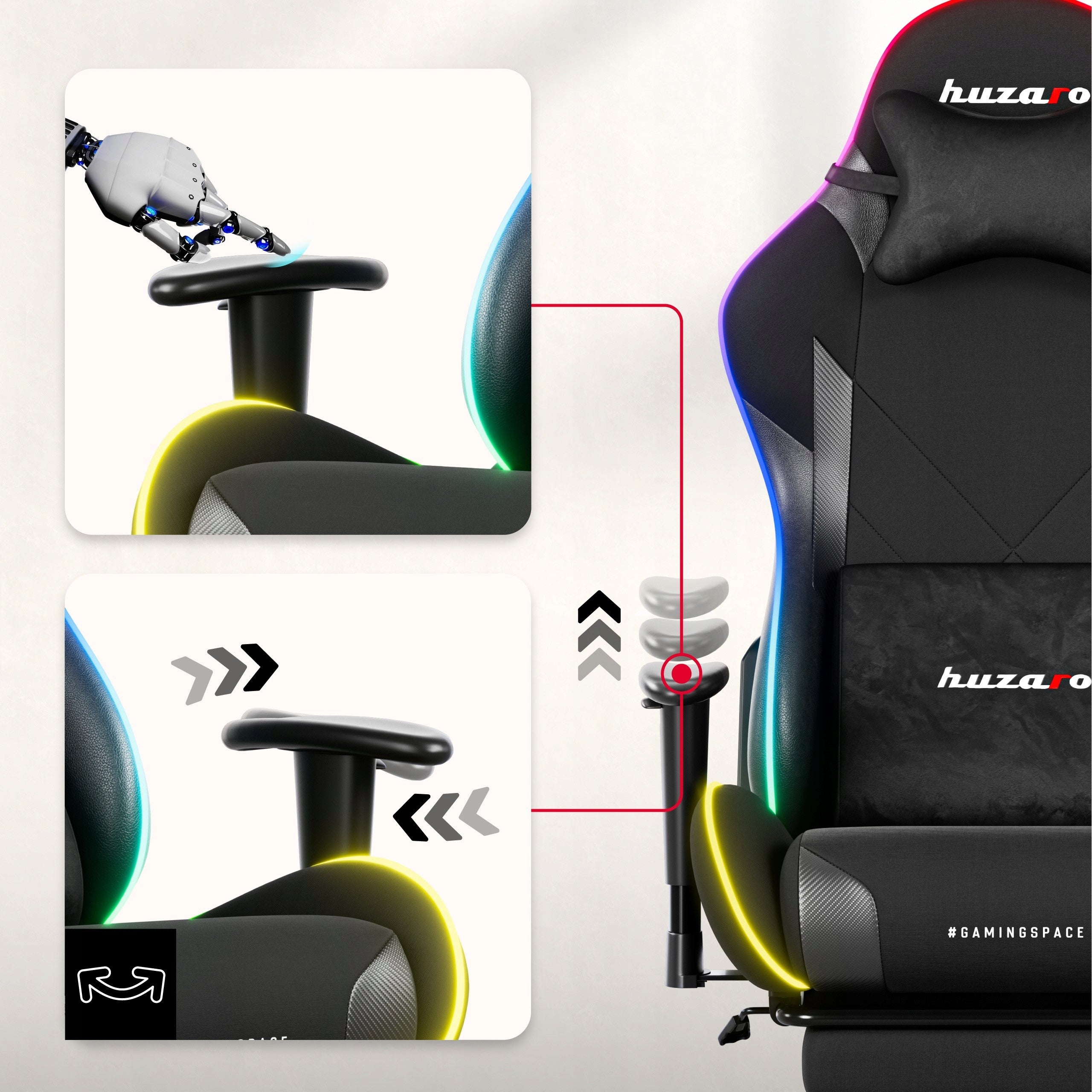 Rotating gaming chair for desk HUZARO black bucket RGB LED footrest Model HU-FORCE 5.7 RGB