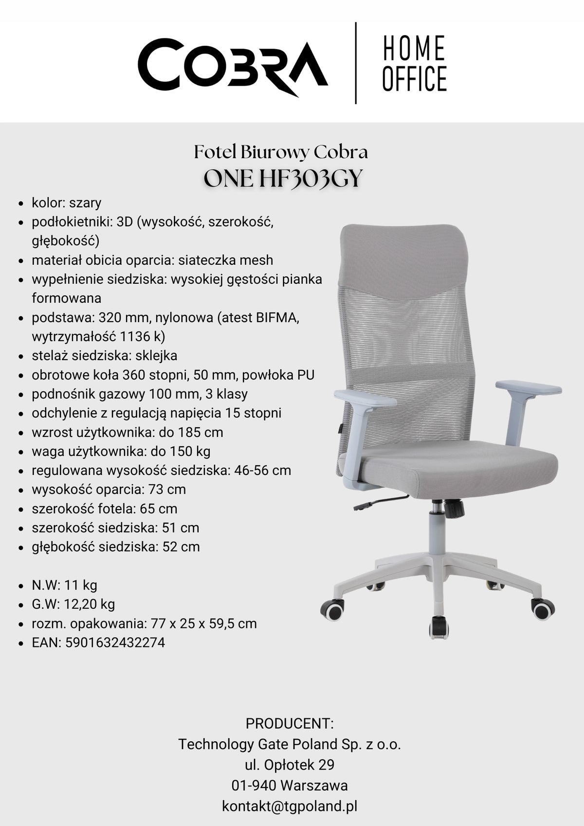 Rotating office chair COBRA OFFICE ONE HF303GY grey Manufacturer code HF303GY szary