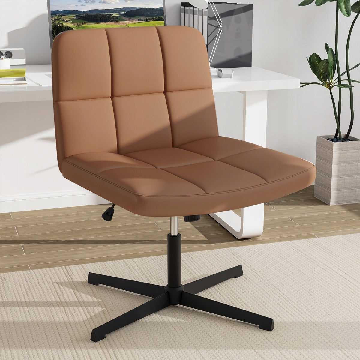 Rotating office chair with PU leather upholstered seat, brown Brand Costway