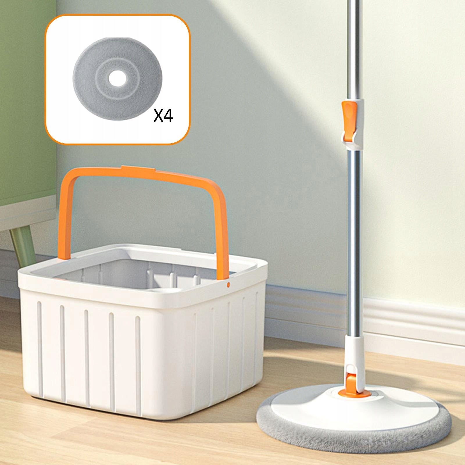 Round Flat Floor Mop Bucket Set Spin Mop Telescopic Mop Handle with 4 Pads