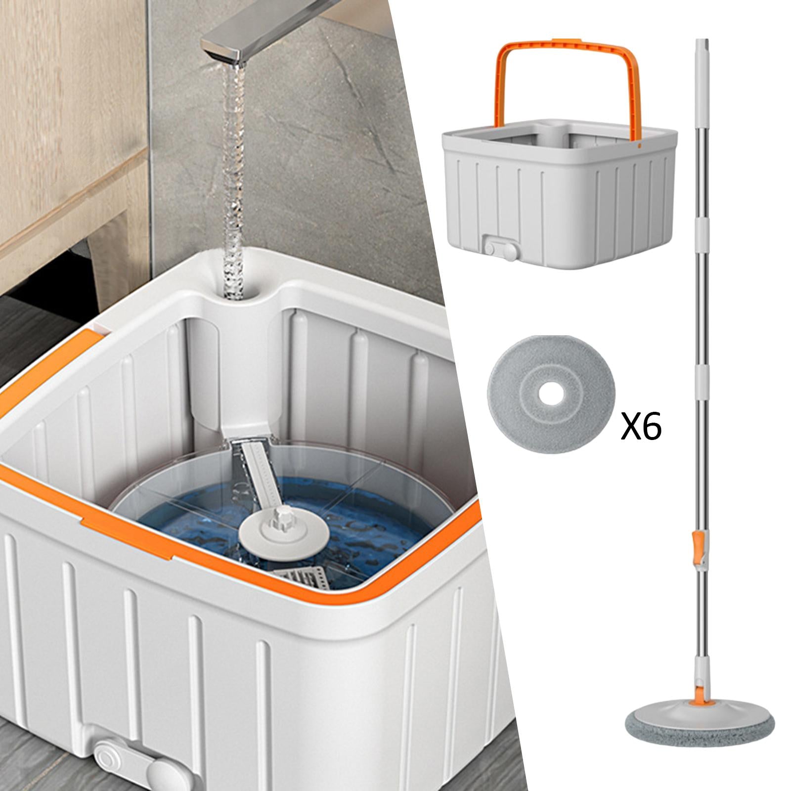 Round Flat Floor Mop Bucket Set Spin Mop Telescopic Mop Handle with 6 Pads