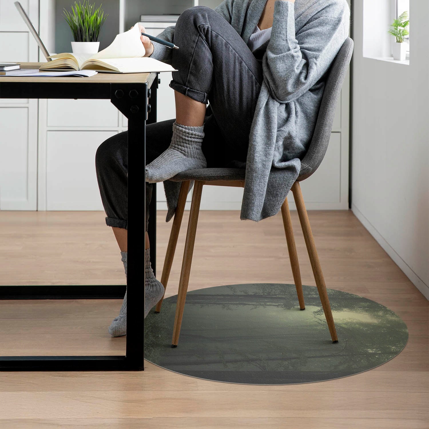 Round Mat Under Chair Non-Slip and Durable Misty Forest at Dawn Color multicolor