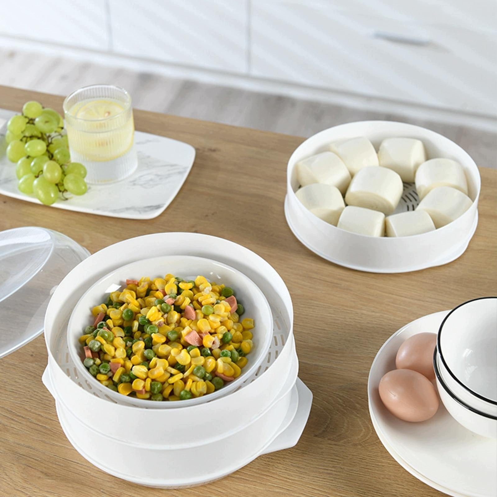 Round Microwave Heating Steamer Dish Cooking Pot white three layer Brand no brand