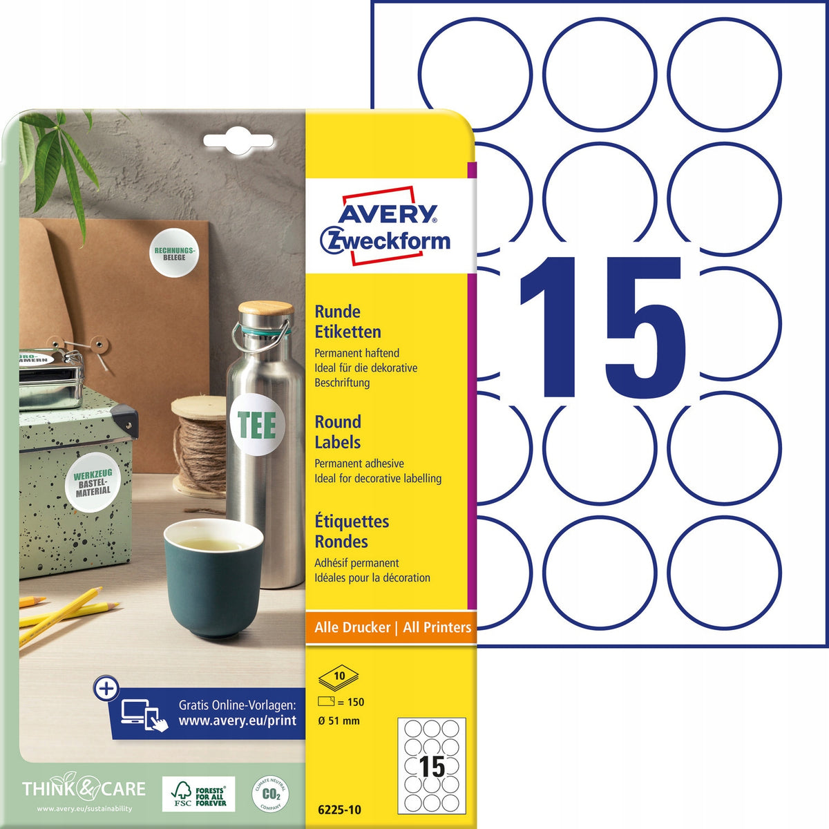 Round labels A4 10 sheets 51 mm white durable 622