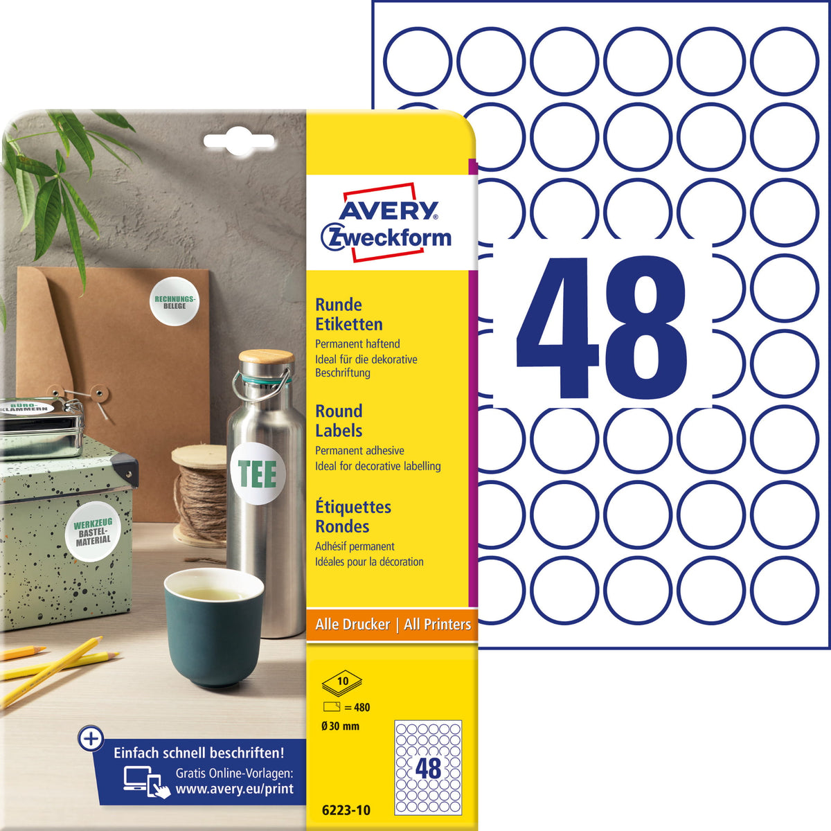 Round labels Avery A4 10a Ø30mm white durable