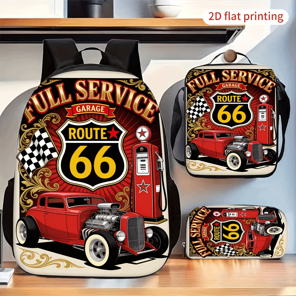 Route 66 Garage Classic Red Hot Rod 3-Piece Backpack Set with Shoulder Bag